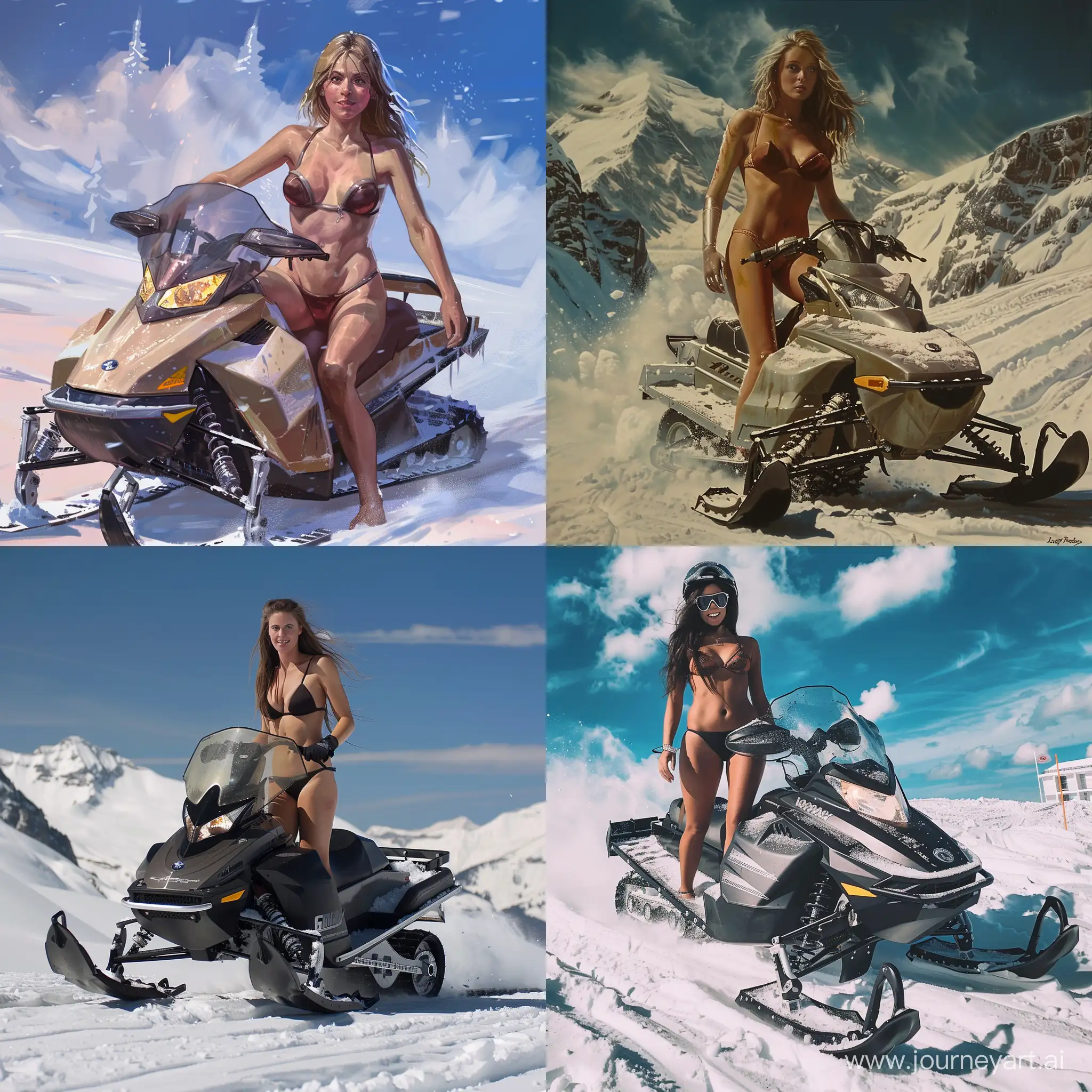 Adventurous-Woman-Riding-Snowmobile-in-Bikini