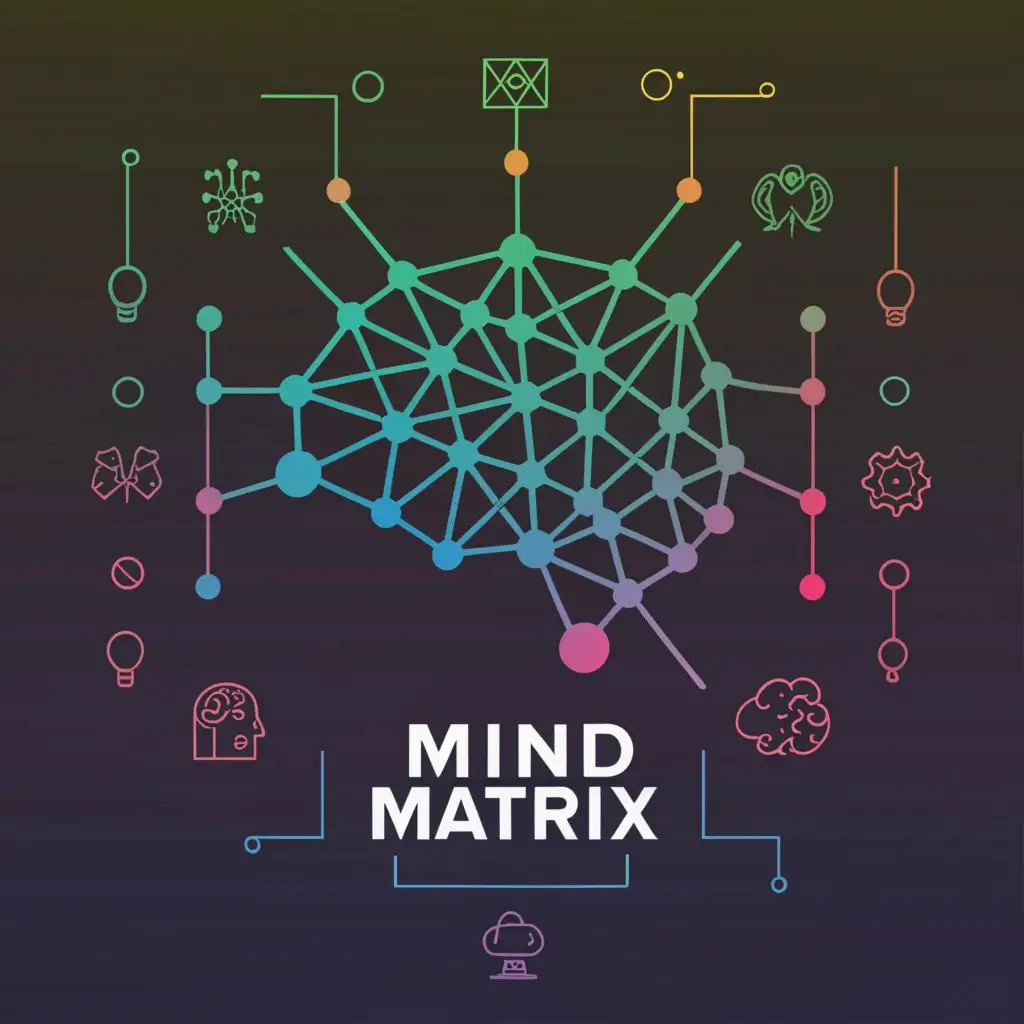 a logo design,with the text " Mind Matrix", main symbol:a stylized representation of a brain with interconnected neural pathways, forming a matrix-like pattern. The brain could be depicted in vibrant colors to symbolize the diversity of topics covered on the channel. Surrounding the brain could be various icons or symbols representing different areas of knowledge, such as books, gears (for science and technology), a globe (for geography and world events), and more,Moderate,clear background