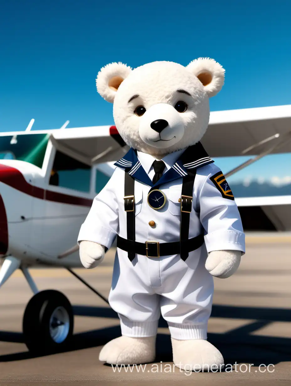 Милый белый мишка в костюме пилота стоит рядом с самолётом Cessna 172
