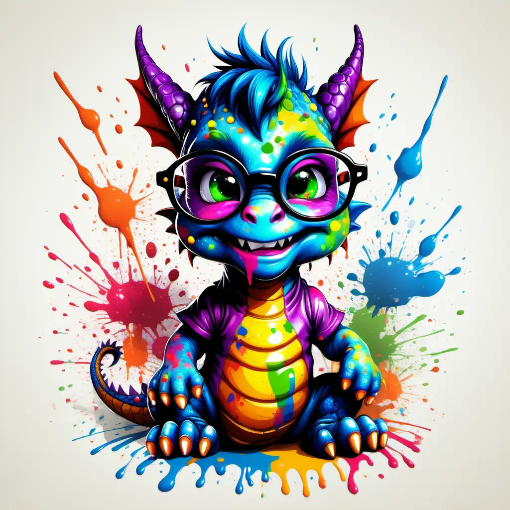 T-shirt design, cute baby dragon wearing glasses with colorful paint splatters on its face, poster art by Alex Petruk APe, featured on cgsociety, shock art, 2d game art, artwork, poster art white background