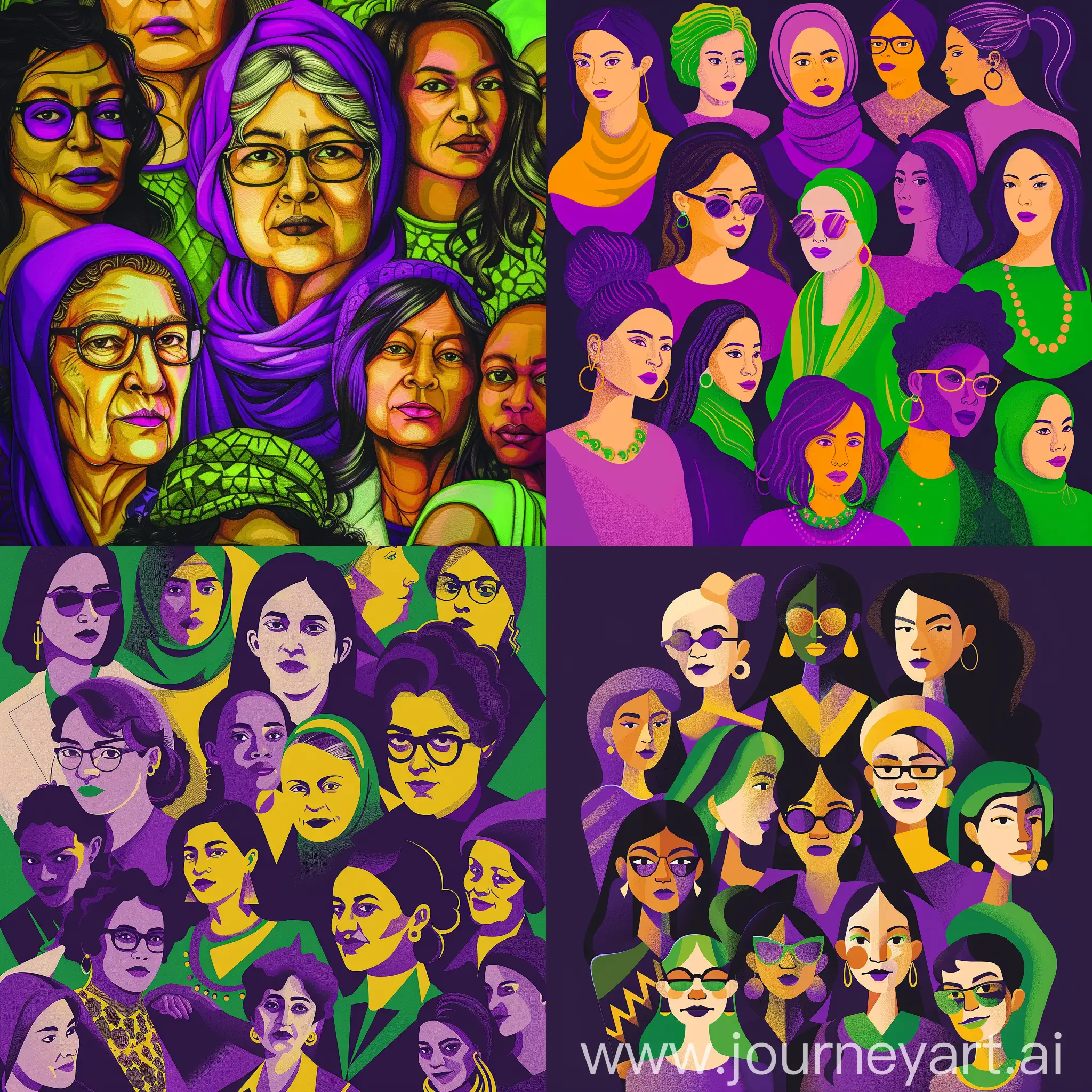 Mujeres de diferentes edades, etnias y profesiones, unidas en su fuerza en conmemoración del dia internacional de la mujer. Colores vibrantes: morado, verde y amarillo.