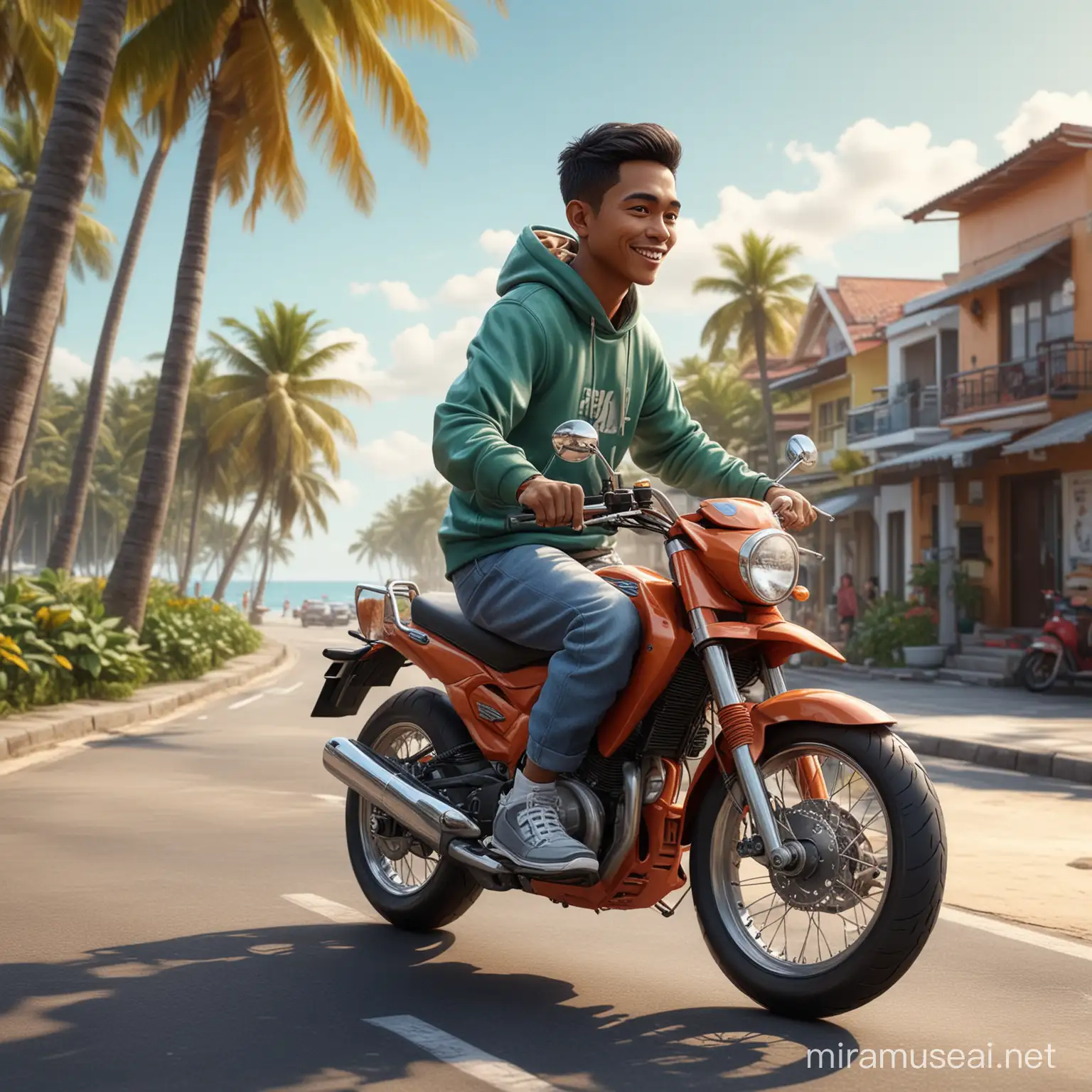 3d caricature of an Indonesian man with short hair is wearing a stylish hoodie and sneakers, riding a motor cycle near a beautiful beach with a typical Indonesian street background. The hyper-realistic rendering emphasizes high contrast and vibrant colors, providing an 8K resolution for intricate details. The focus is on capturing the dynamic essence of the man enjoying his ride in this scenic and lively environment.