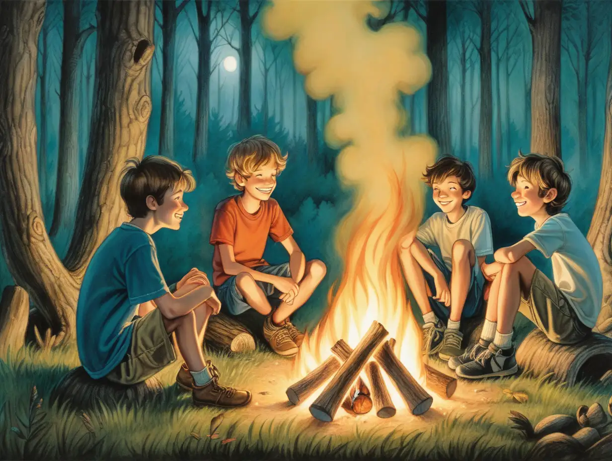 Smiling 15 year old male child sitting in a forest around a fire with other 15 year old children. It's evening. The style of the image is similar to the drawing of a fairy tale that stimulates the imagination, in the style of Waldorf education