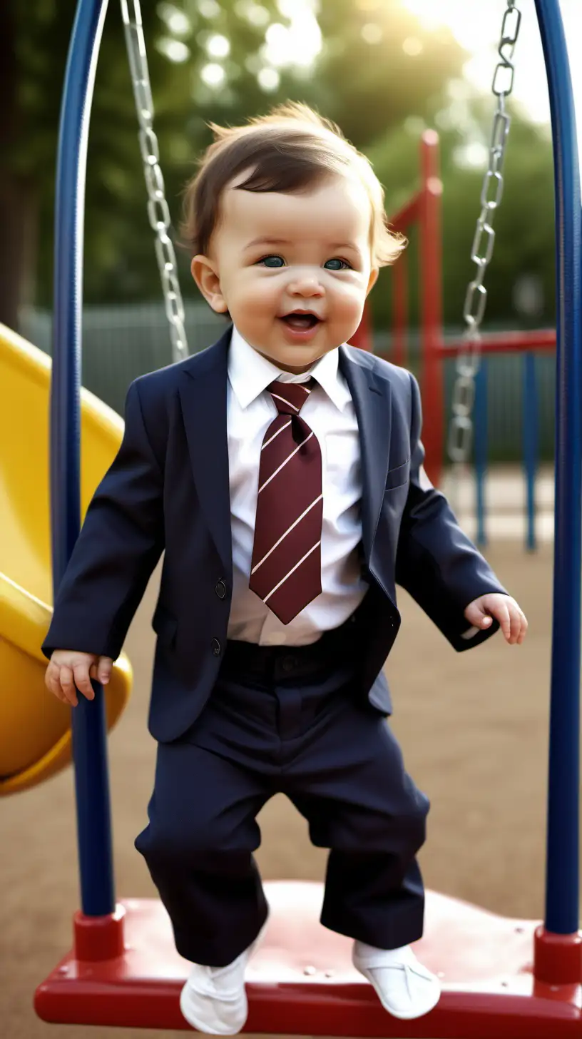 Generate a photorealistic image of a Caucasian baby with dark hair, dressed in an elegant business suit complete with a tie. Place the baby in a lively playground setting with swings, slides, and other playground equipment. Ensure that the baby's expression exudes joy and blends childhood innocence with a sophisticated style. Pay attention to details, lighting, and realism to create a charming contrast between the formal attire and the playful background.
