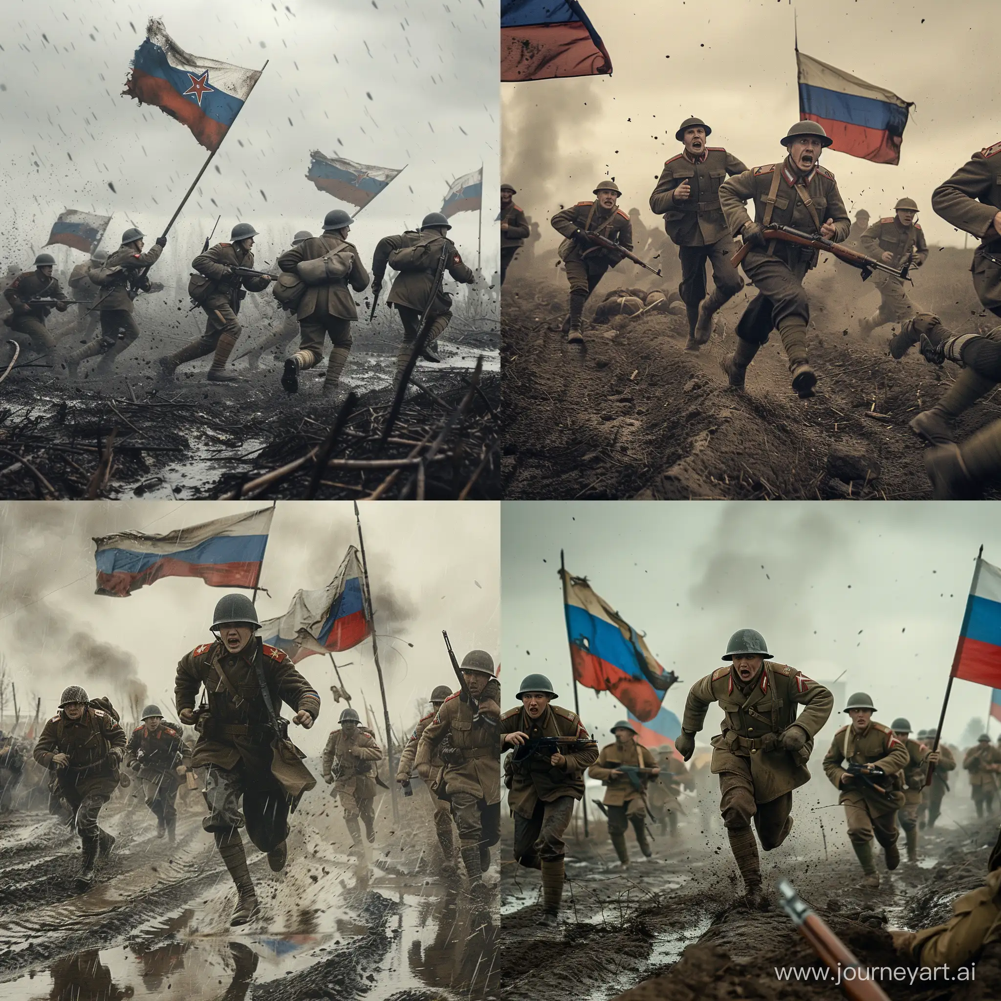 Русские солдаты времен первой мировой войны бегут в бой, пасмурная погода, русские флаги, русские солдаты 1917 года