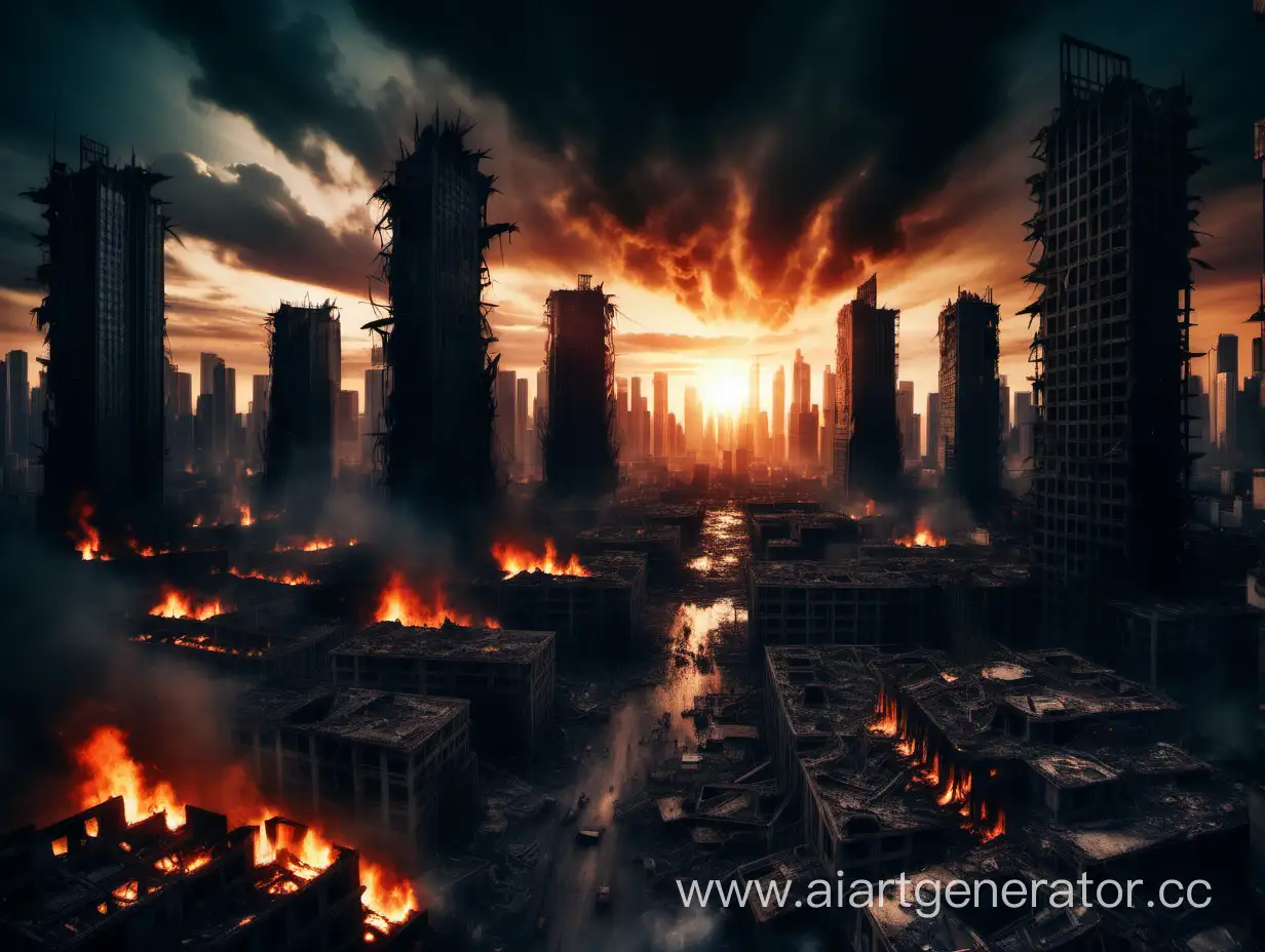 background destroyed city, post-apocalypse  fire, background destroyed skyscrapers, sunset, nigft time, dark,