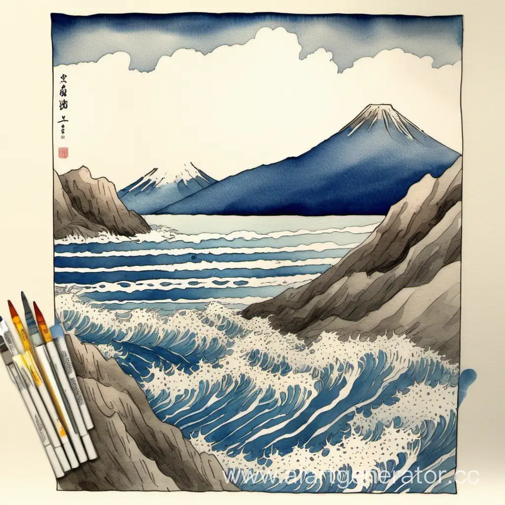 Japanese-Woodcut-Watercolor-Serene-Sea-Beach-and-Mountains-Landscape