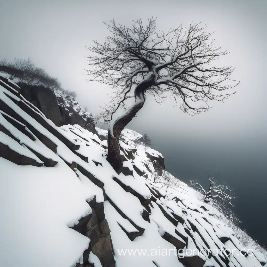 обрыве горы зимой с корявым деревом

