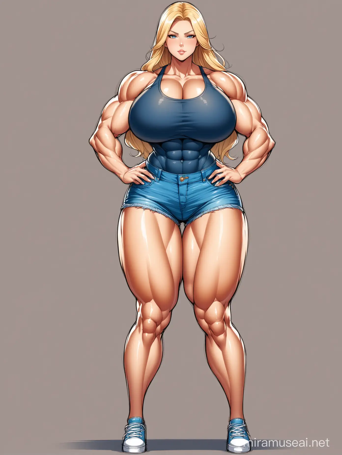 Full color drawing of a blond woman with a beautiful, delicate face, huge chest, extremely large chest, enormous chest, colossal chest, very thin waist, extremely thin waist, wide hips, strong legs, huge legs, very wide and muscular legs, wearing casual clothing, including a top and jean shorts. Emphasize her immense chest, her massive chest