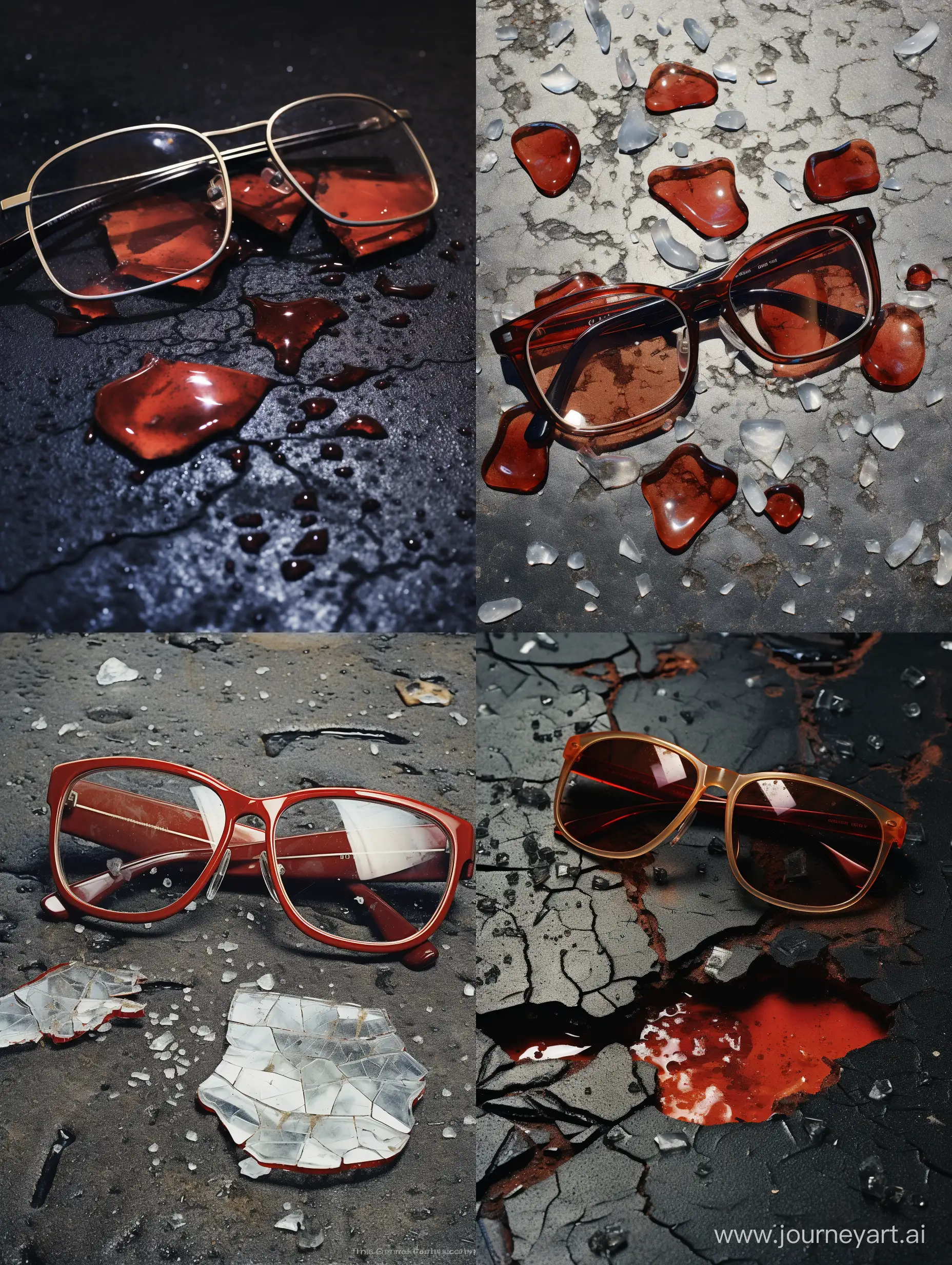 Blood stains the asphalt around a pair of broken glasses, with fragments scattered nearby. The lenses are smeared with blood and the glasses are slightly shattered. The glasses appear to be made out of wax, but they look so realistic that they seem to be burning like a candle.