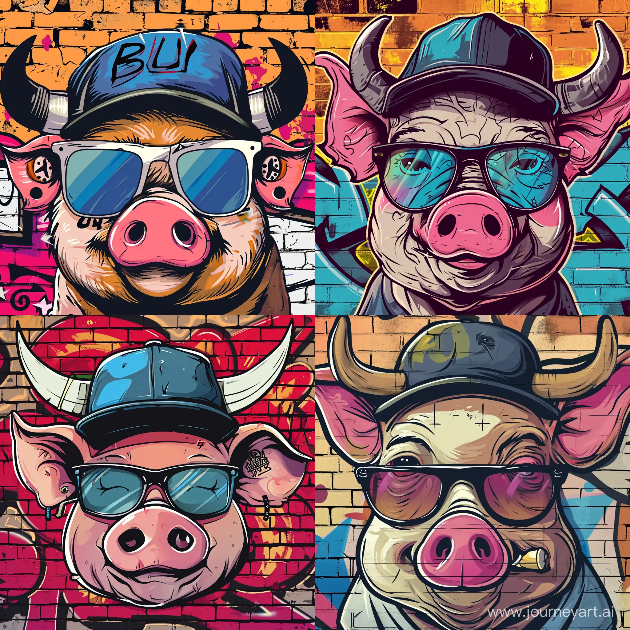 Cartoony Face of a pig wearing Sun Glasses, Wearing a Bull Cap, With a Black Ear Tunnels. Graffiti Background