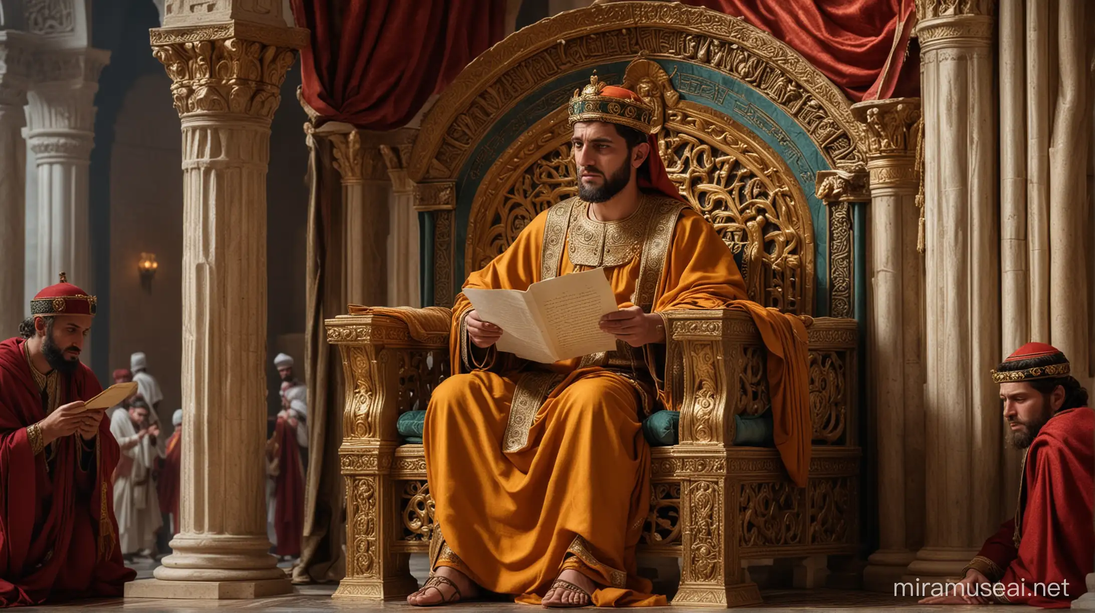 vivid deatils of roman emperor reading letter in  kingdom sitting in throne sent by a muslim delegation of prophet muhammad.