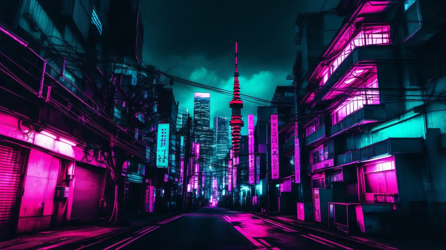 dark moody lighting, cyberpunk background, it's night time, cyan and fuchsia lights on buildings, tokyo japan aesthetic dark background
