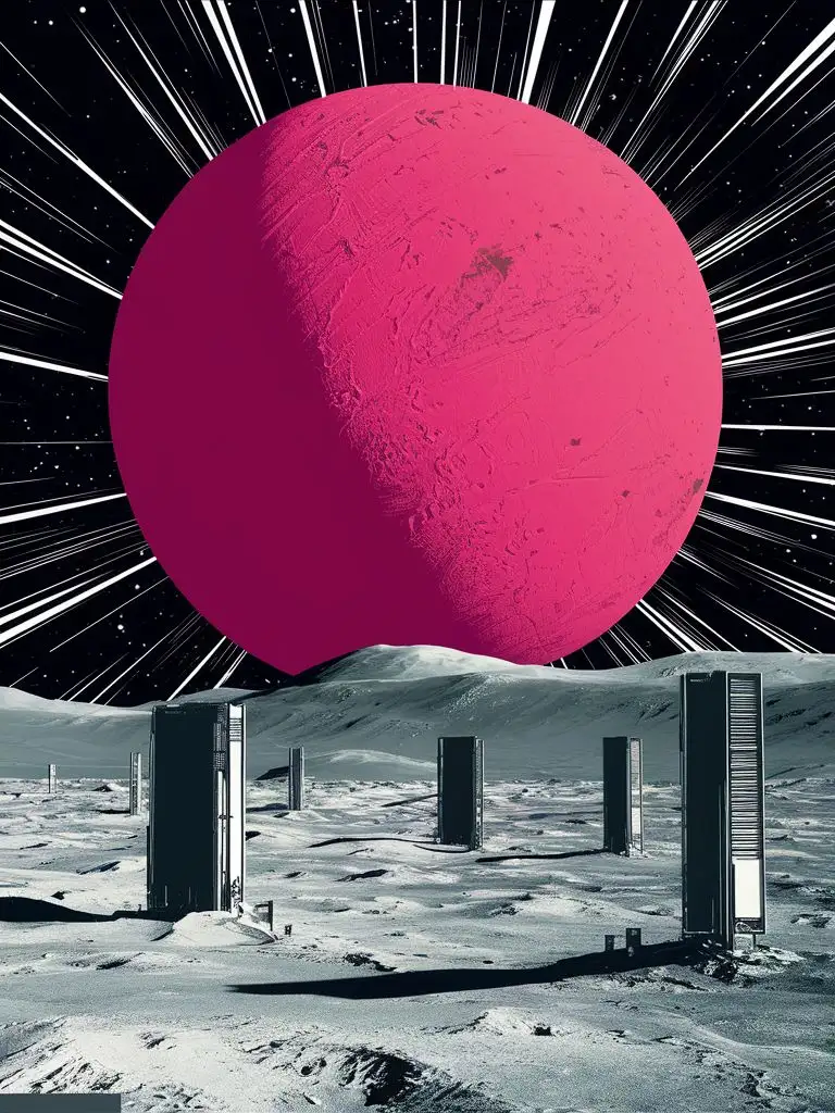 massive  planet looming over a tiny lunar desert landscape. There are  rectangular metal monoliths on the horizon. Block art. line drawing 
collage art . solid colours only . comic book. light grey and pink
