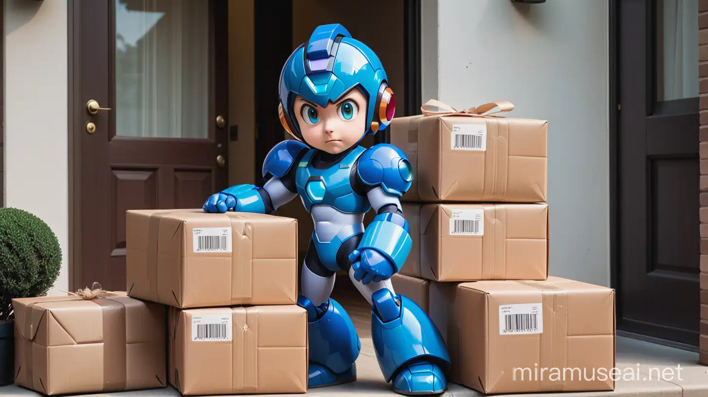 Megaman rentre chez lui, il porte une pile de colis de tailles différentes, son visage est confus