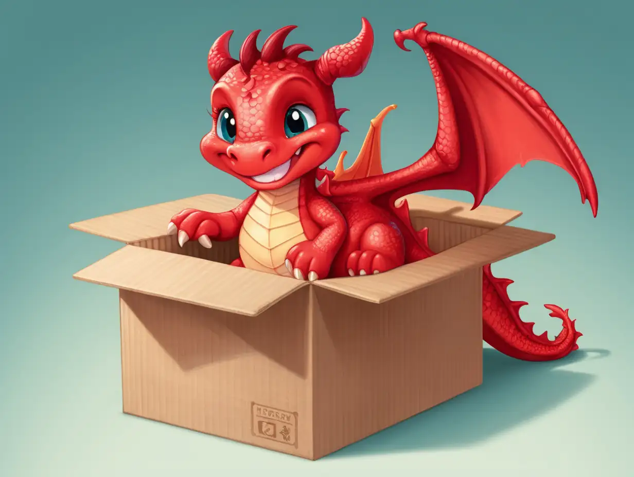 a sweet, smiling, little red dragon   in a box