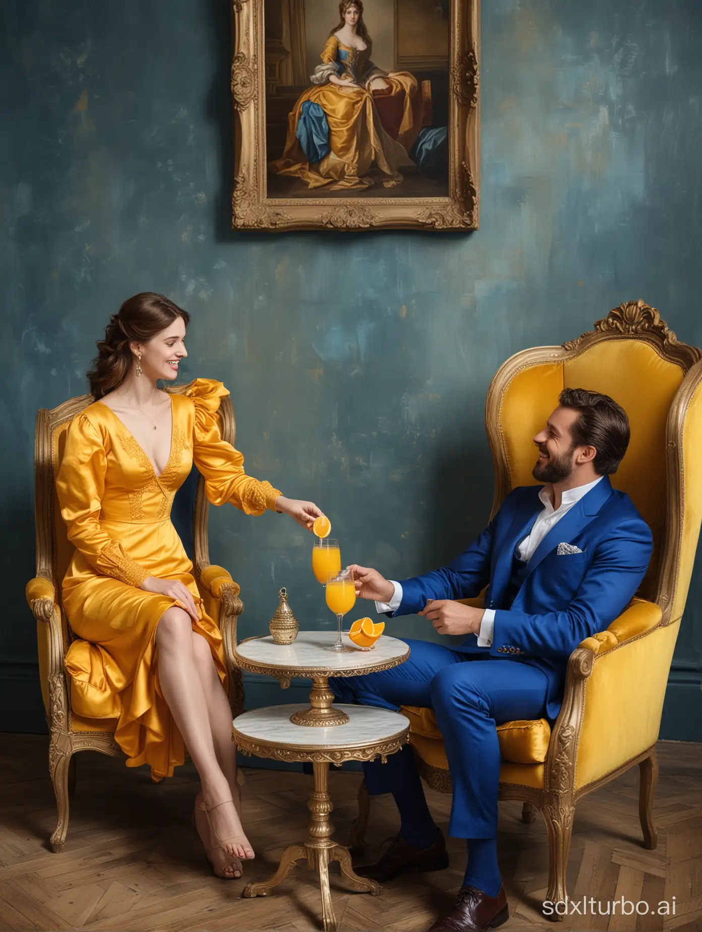 Generate an image with a man and a woman sitting in the corner of a room together, they are holding a glass of orange juice and smiling to each other. They are sitting in Victorian blue armchairs. The man is wearing a royal blue suit. The woman is wearing an elegant yellow dress in satin. The room is chic with royal paintings on the blue wall. There is a small round table between the woman and the man. There is another round table made of glass beside the man and the woman with a jar of orange juice on top of it.