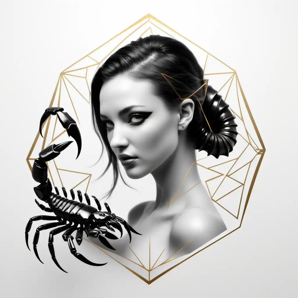 featuring a realistic [scorpio zodiac] [a beautiful lady] [geometric shapes] [black and grey realistic scorpion]
[black and white and gold]
white empty background