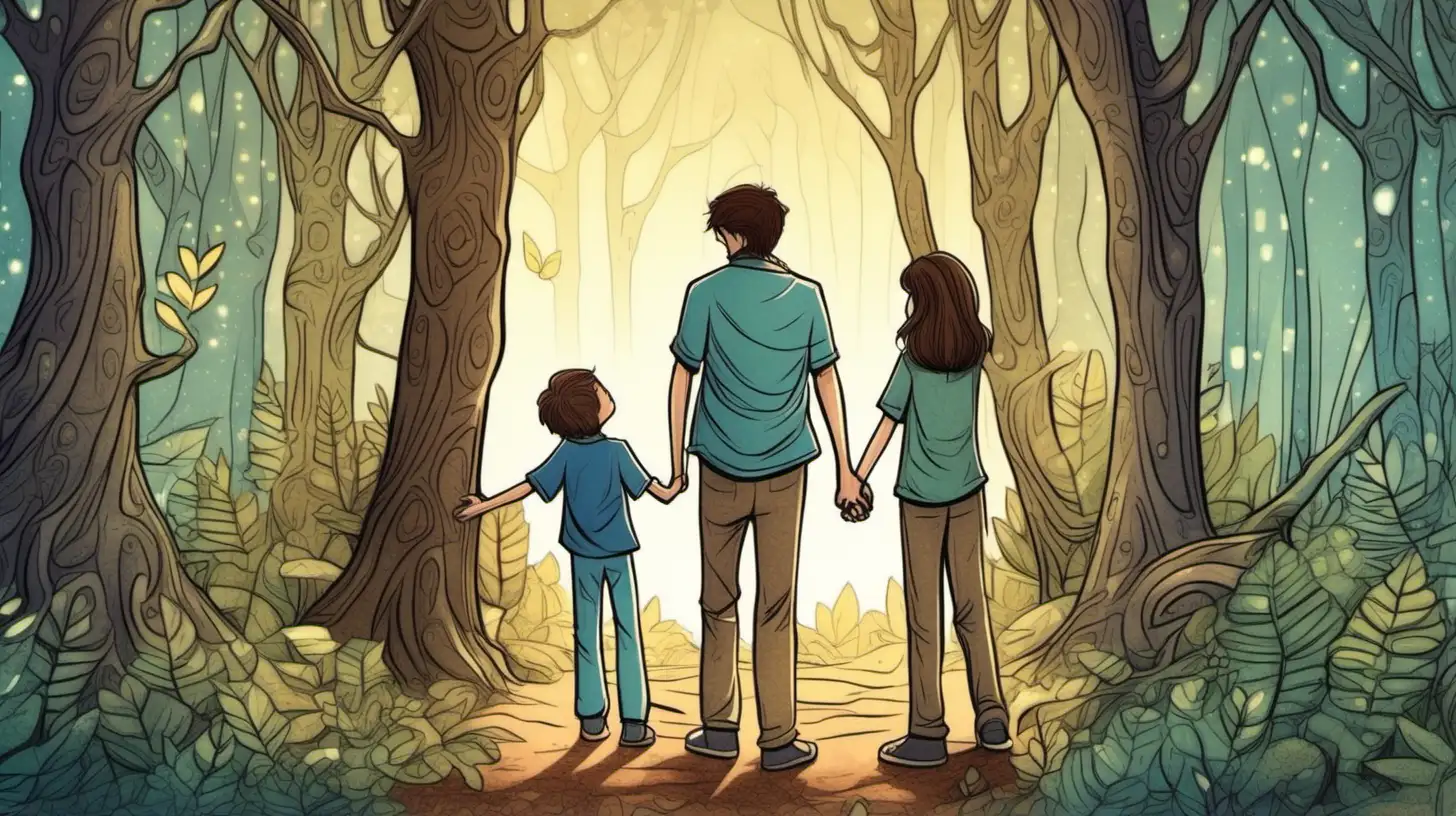 illustrate a ten years old brown hair boy hugging his mother and father, in the magical forest