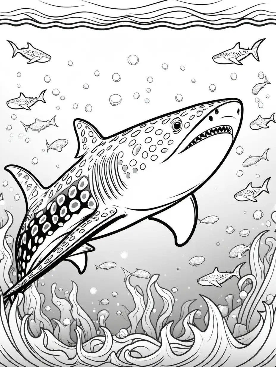 coloring page for kids, whale shark in ocean, cartoon style, thick lines, low detail, no shading
