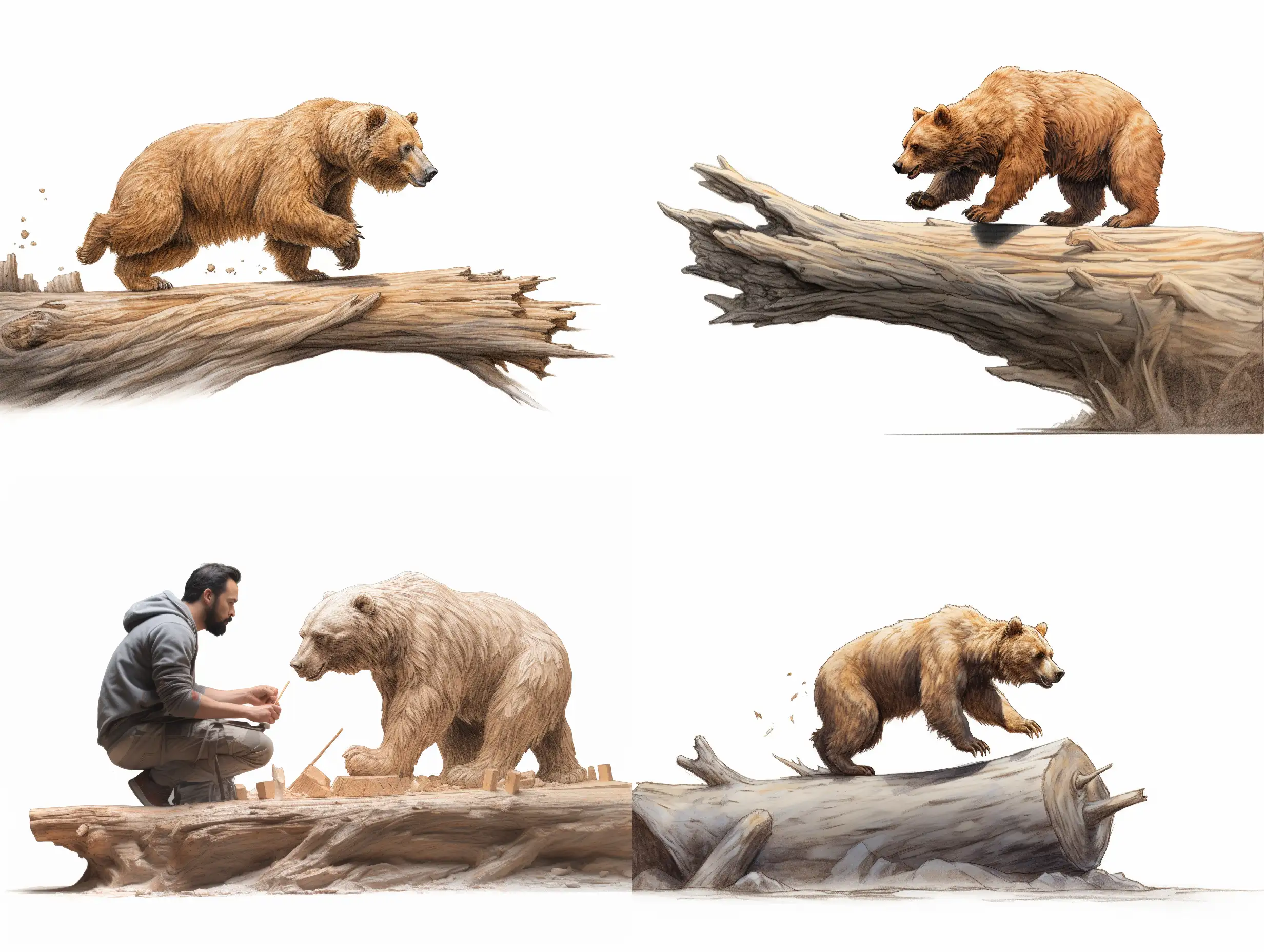 Professional sketch for wooden sculpture, a full-length brown bear leap over a log in profile, professional dynamic character, wood carving, ready for battle 3d, white background, 8k Render, ultra realistic