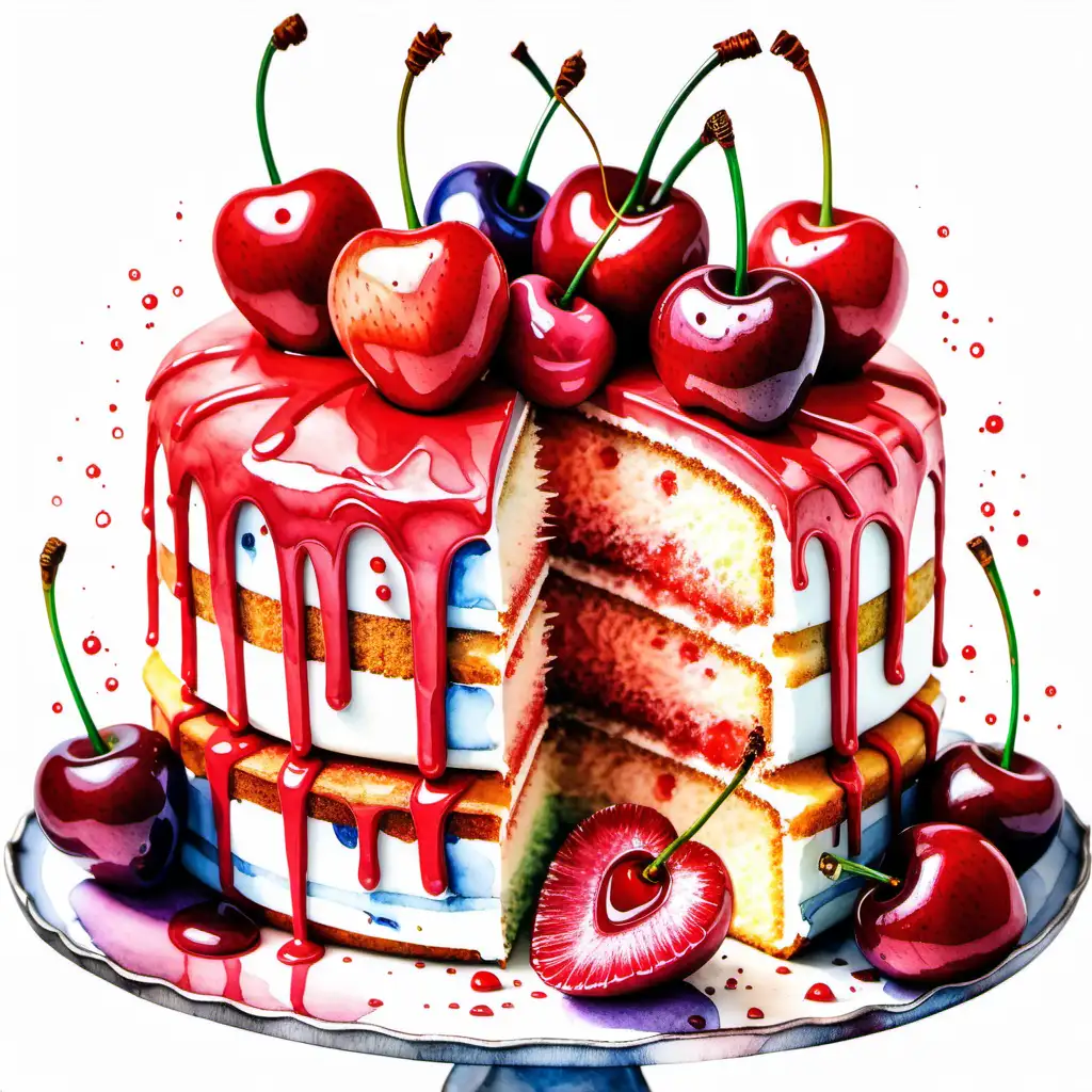 Watercolored Cherry Cake Artistic Slice with Vibrant Colors on White Background