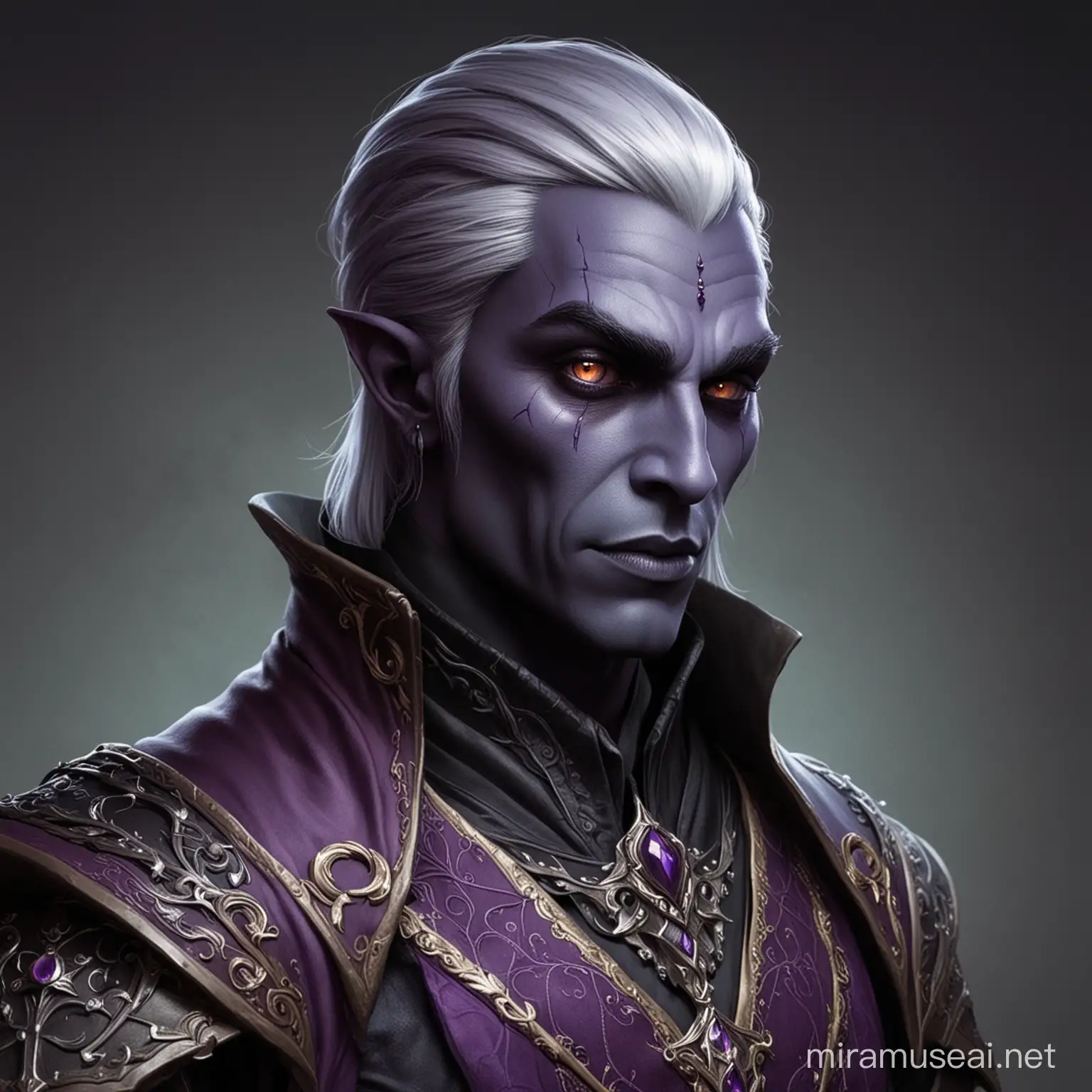A gaunt,  drow man whose skin is the color of eggplant. He wears fancy clothes, and is a tailor. 