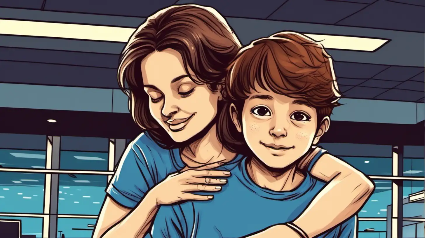 illustrate a 55 years old women hugging 10 years old brown hair blue t shirt boy in the airport, night