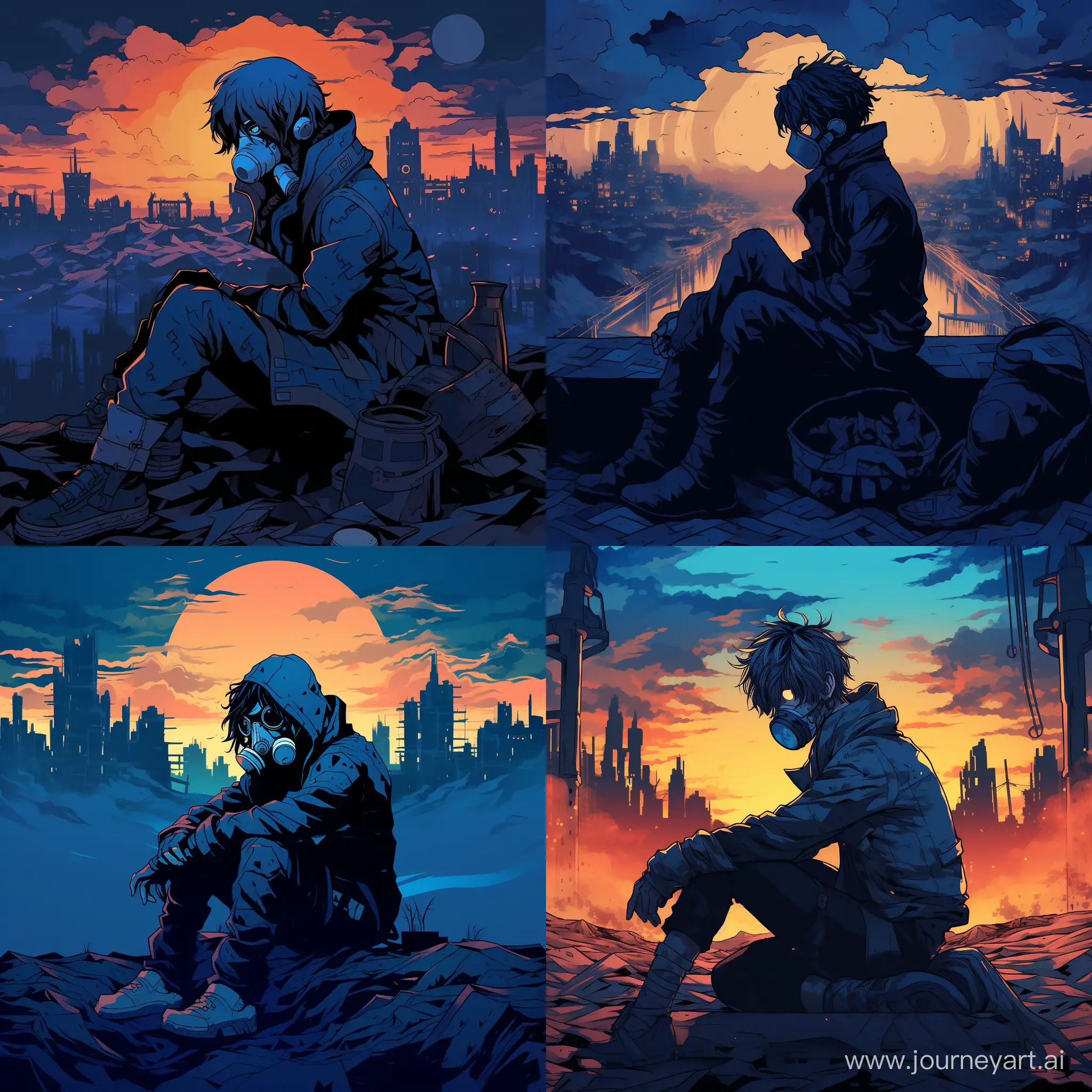 PostApocalyptic-Anime-Character-by-Bonfire-in-BlueToned-Destroyed-City