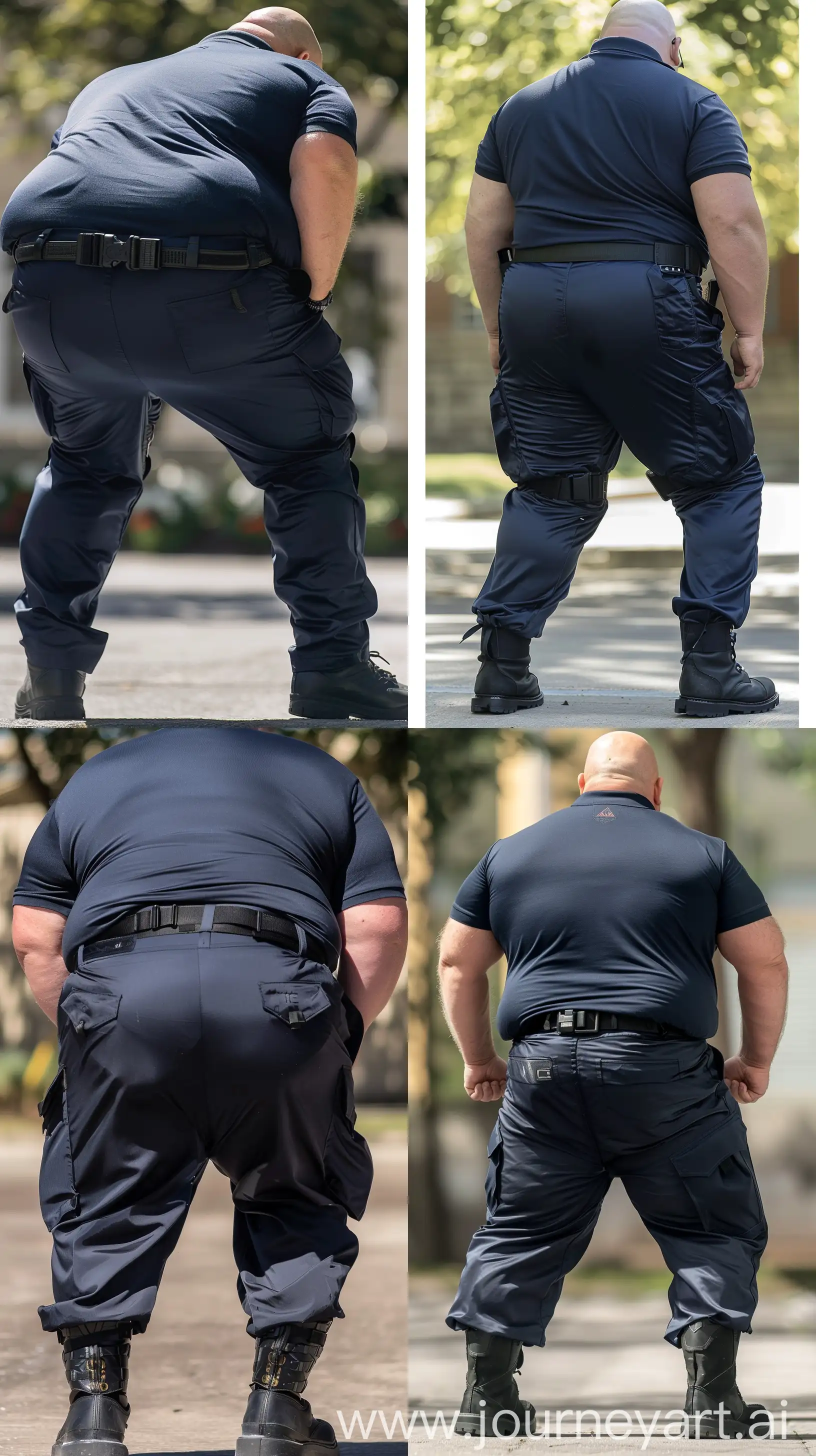 Close-up full body back view photo of a very fat tall man aged 60. The man is wearing silk navy battle pants tucked in black tactical boots, a tucked in silk navy sport polo shirt and a black tactical belt. Standing legs straight and bending over. Outside. Bald. Clean Shaven. Natural light. --ar 9:16