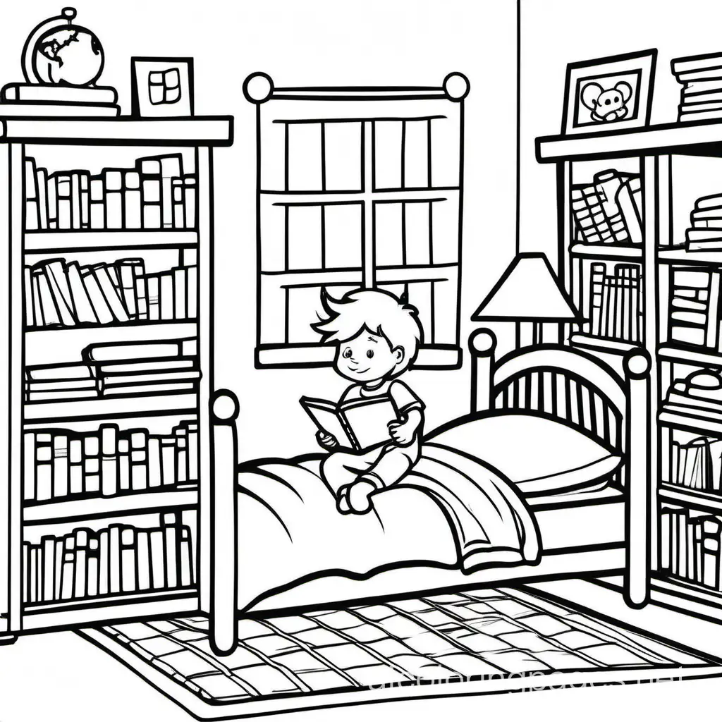 Sick-Child-Reading-in-Bed-Coloring-Page-with-Bookshelf