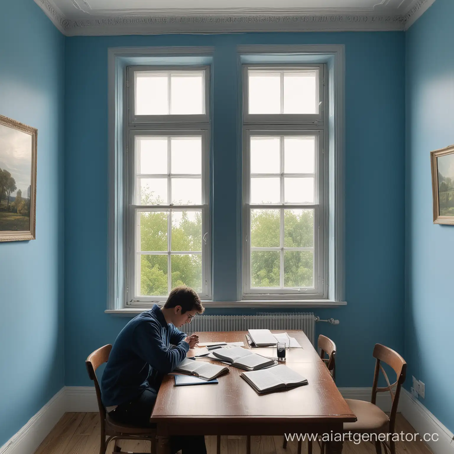 ученик учится в синей комнате и сидит за столом, рядом открыто окно, за окном день