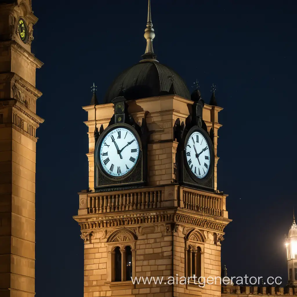 clocks with time on the grandiose tower at night