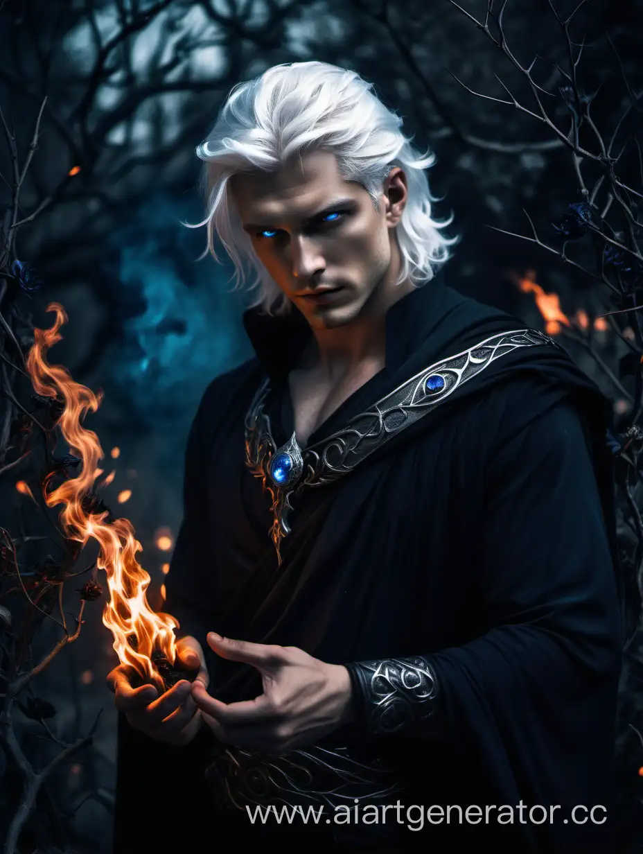 Mysterious-WhiteHaired-Man-Conjuring-Blue-Fire-in-Greek-Attire-Amidst-Dark-Magic-and-Black-Flowers