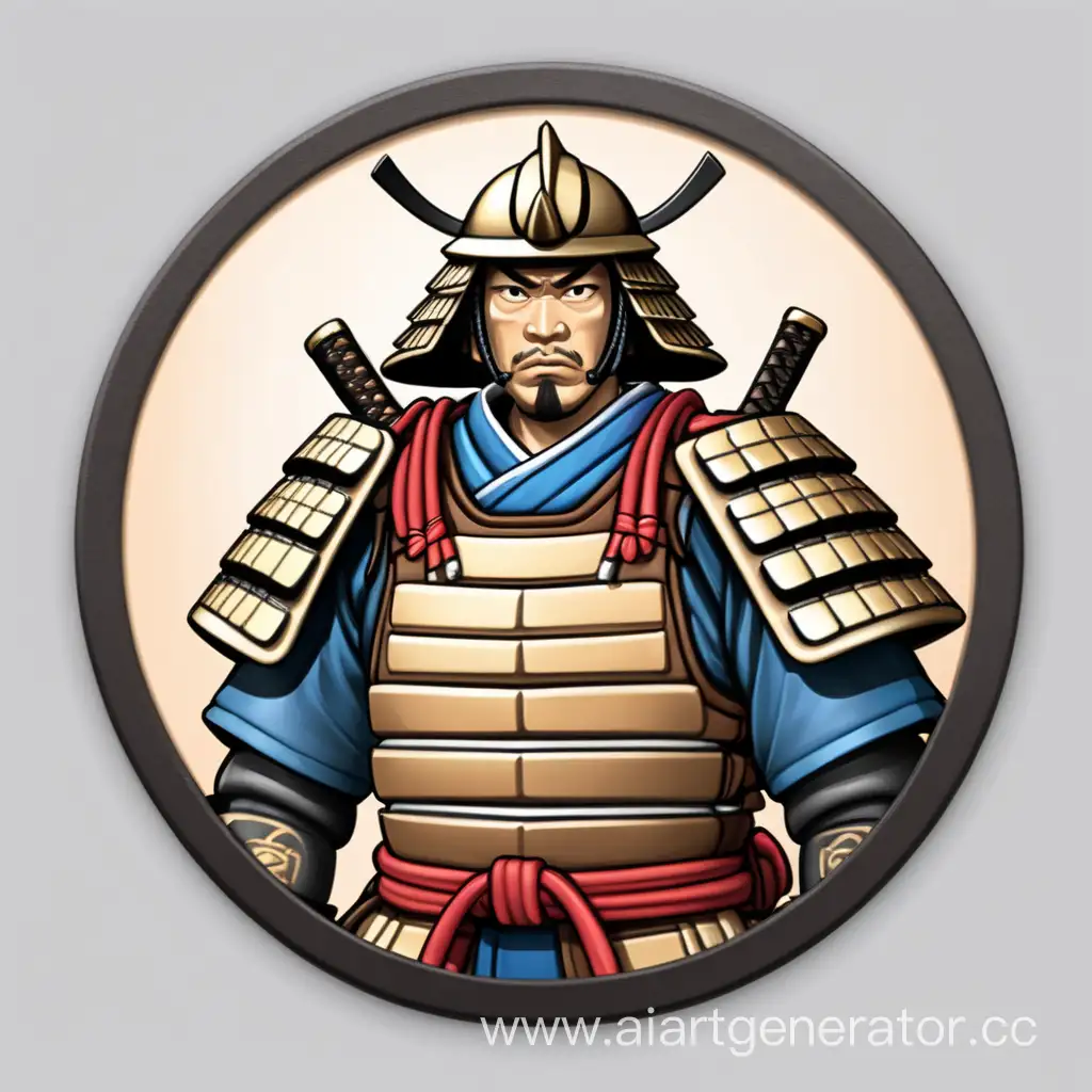 Создай круглую иконку самурая кожаной бронёй без шлема 
