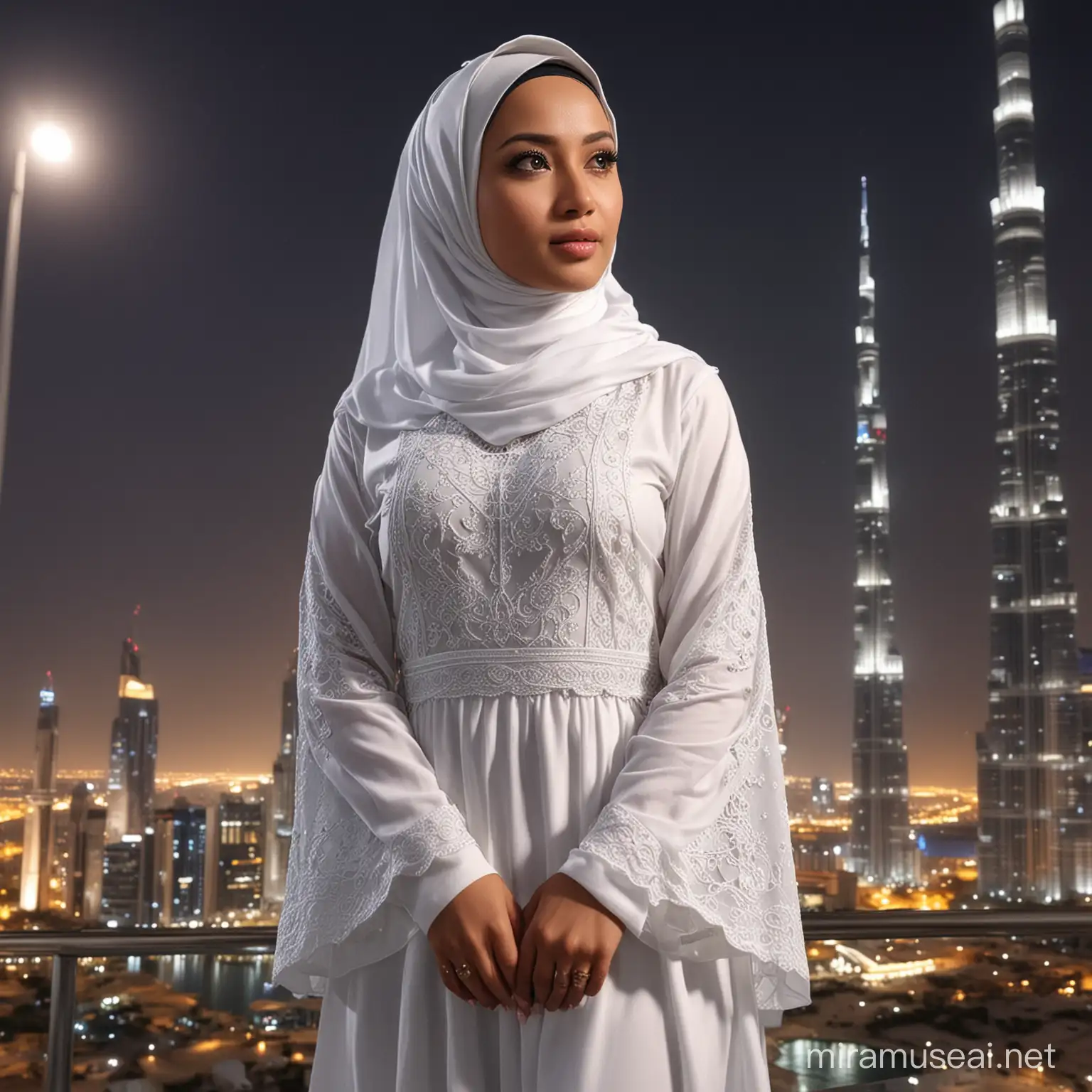 (masterpiece), best quality, expressive eyes, perfect face, an indonesian hijab woman 35 years old. midleweight. clean face, wearing white hijab, white moeslim long dress. white shoes. standing pose like model at dubai at night, very detailed, hyper realistic, sharp focus , ultra HD, fullbody, photography, from below angle shoot