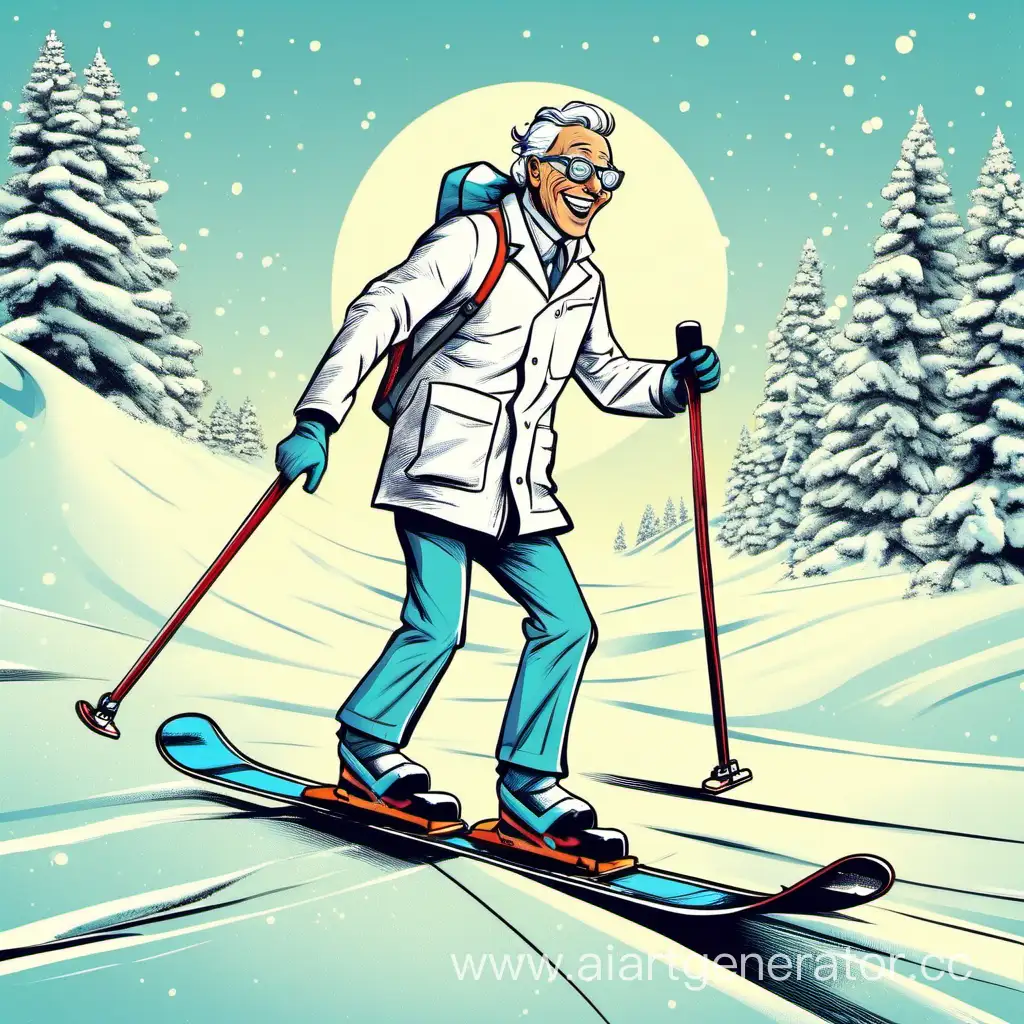 Радостный ученый на лыжах идёт с лекции
