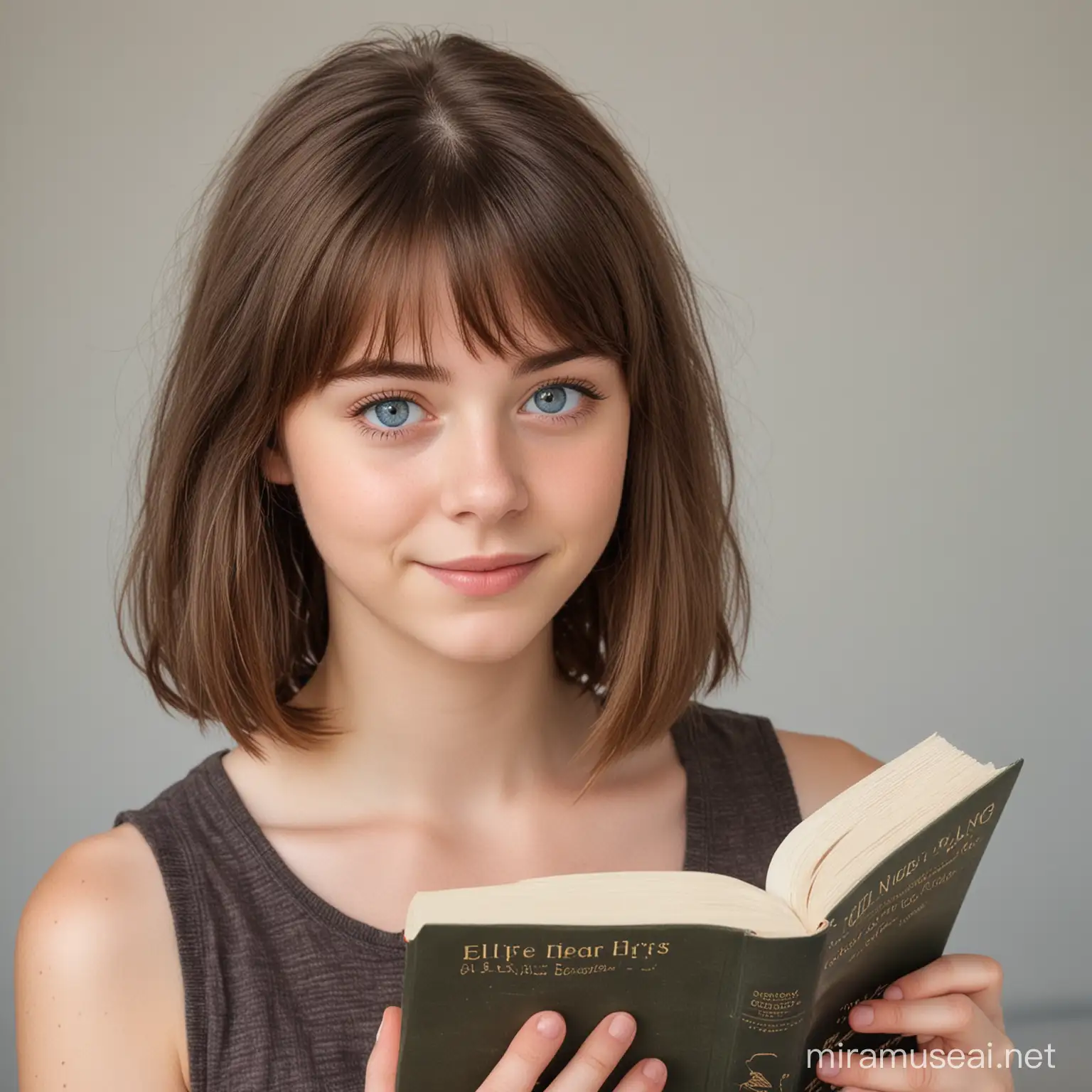 Kısa kahverengi saçlı, kahküllü, mavi gözlü, elinde kitap olan,  16 yaşında bir kız.