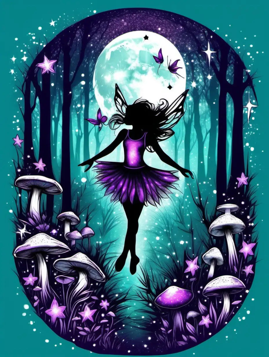 Enchanted forest. Fairies with glitter wings. Dancer silhouette. Nighttime. Full moon. Shooting stars. Flowers and mushrooms. Shades of teal and plum. Tee shirt design.