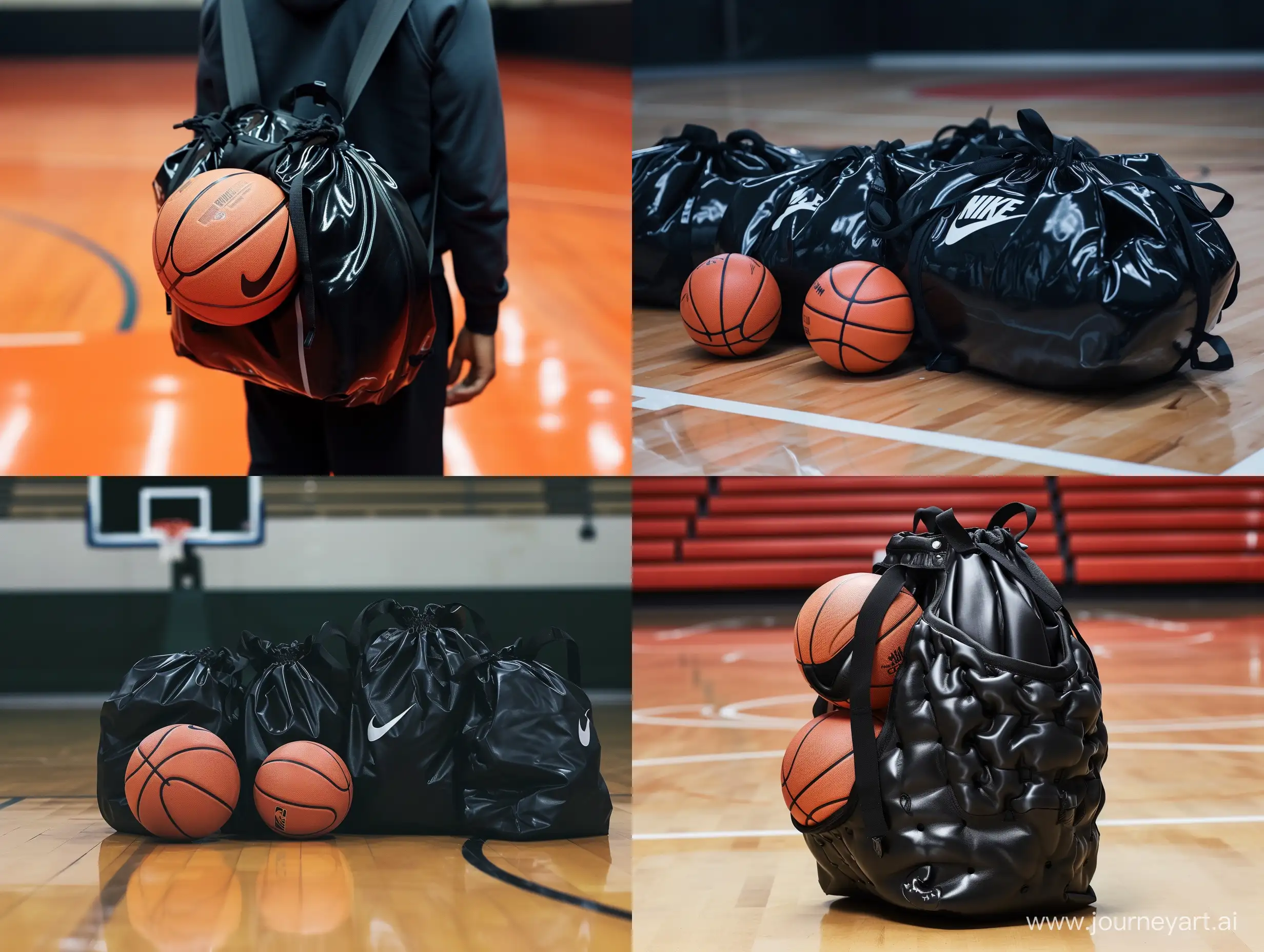 4 nike bags black basketball bags, basketball around, background basketball court