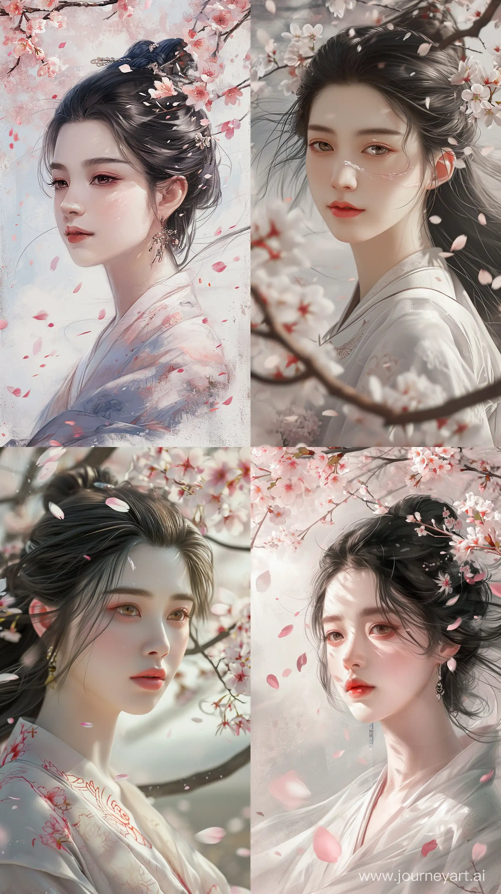 Eastern beauty with a gentle gaze, under the cherry blossoms. Capture the falling petals in the wind. Use ink wash technique for delicate transitions, accentuating the soft morning light and pastel palette. Portrait aspect ratio, refine details, --ar 9:16