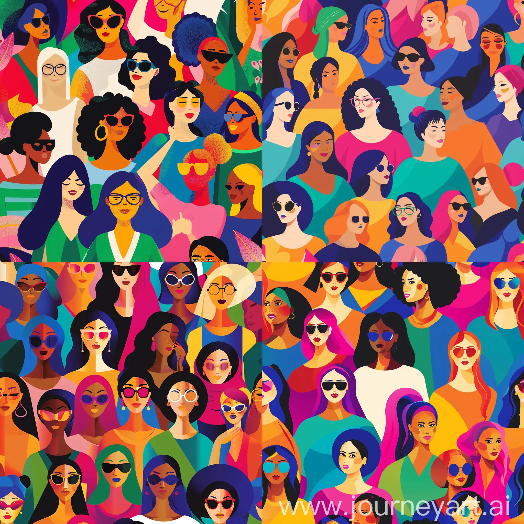 Background Image: A vibrant and colorful illustration of diverse women standing together, representing unity and empowerment.]