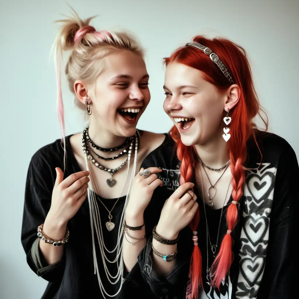  Valetines Day greeting card. Two scandinavian femail frends age 15. Punk style. Playing with  jewelrys and clothes.  Laughing widely. Background boho style scandinavian home. 