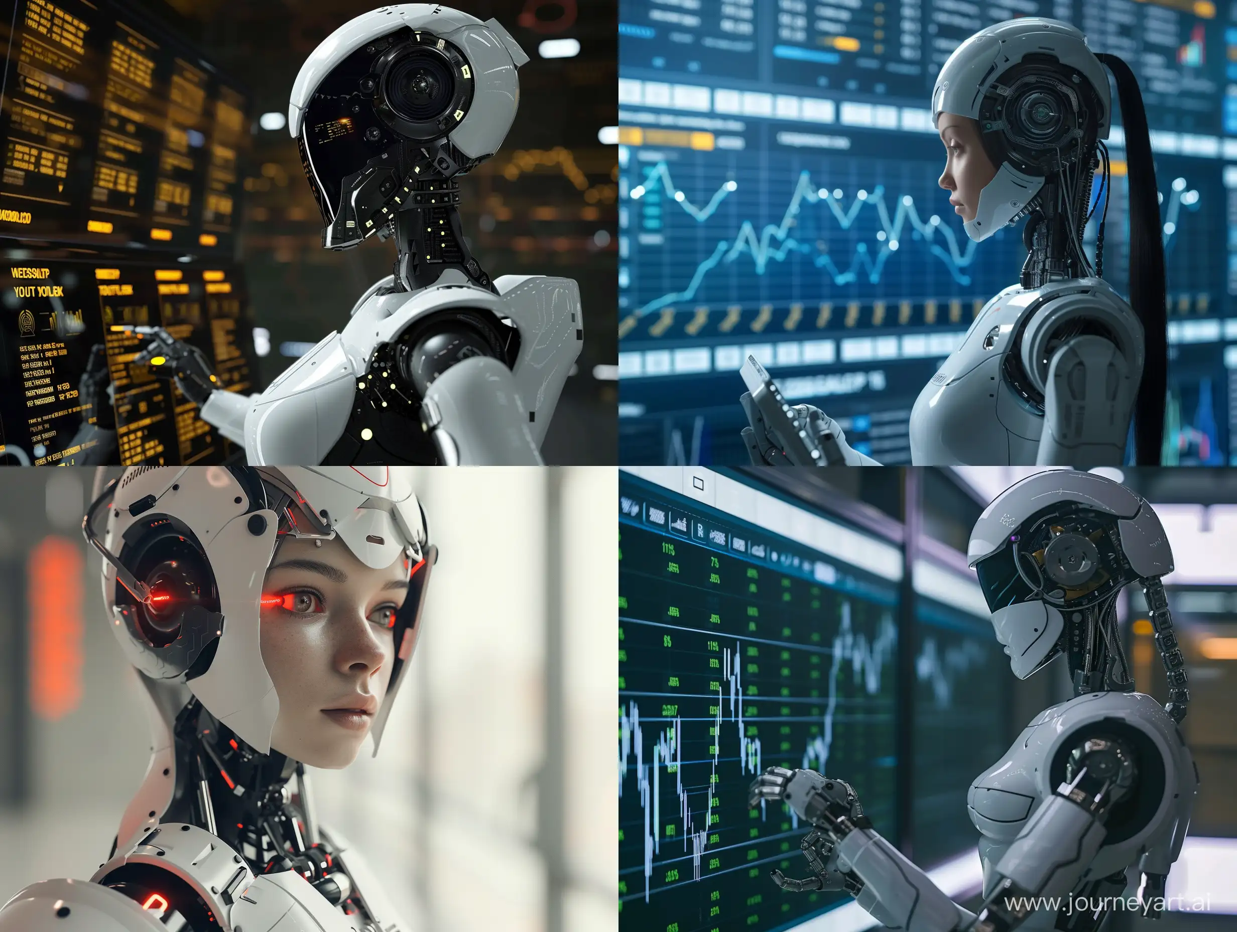 девушка-робот с современным дизайном смотрит статистику