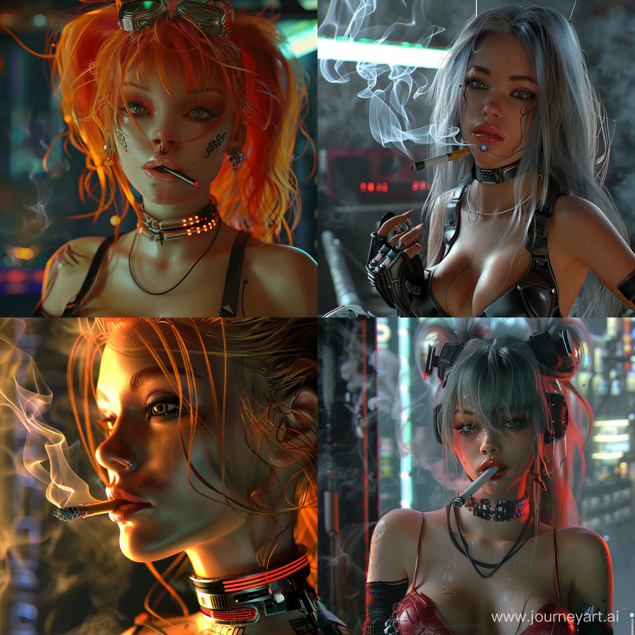 beautiful smoking girl, 3d, cyberpunk style