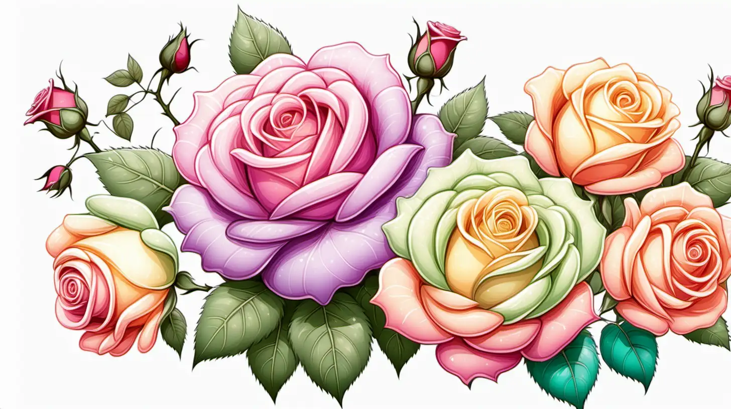 Whimsical Fairytale Scene with Colorful Roses on a Bright White Background