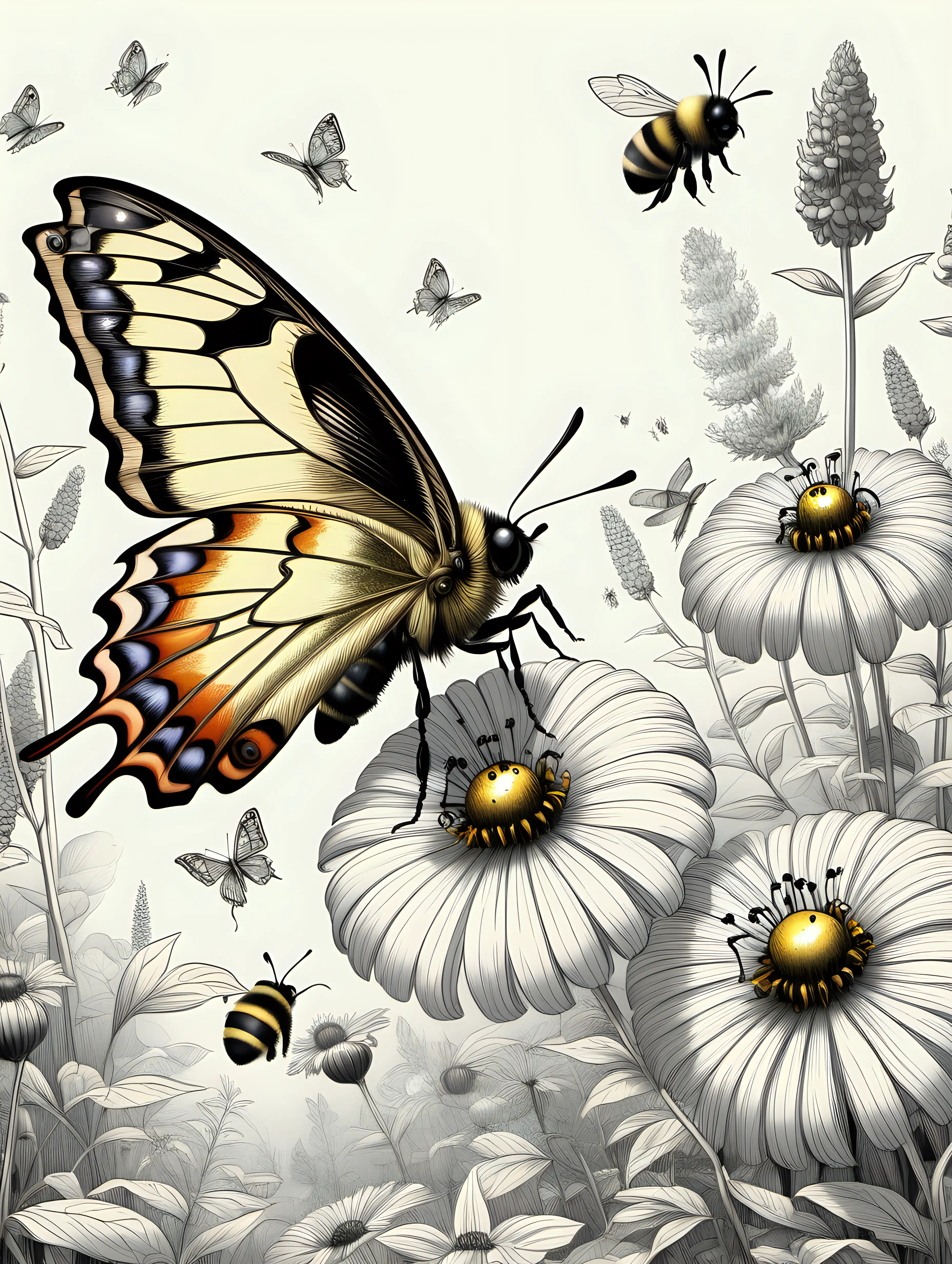 color, illustration, 
 butterfly and bumble bees,
 thick lines, high detail, no shading, 