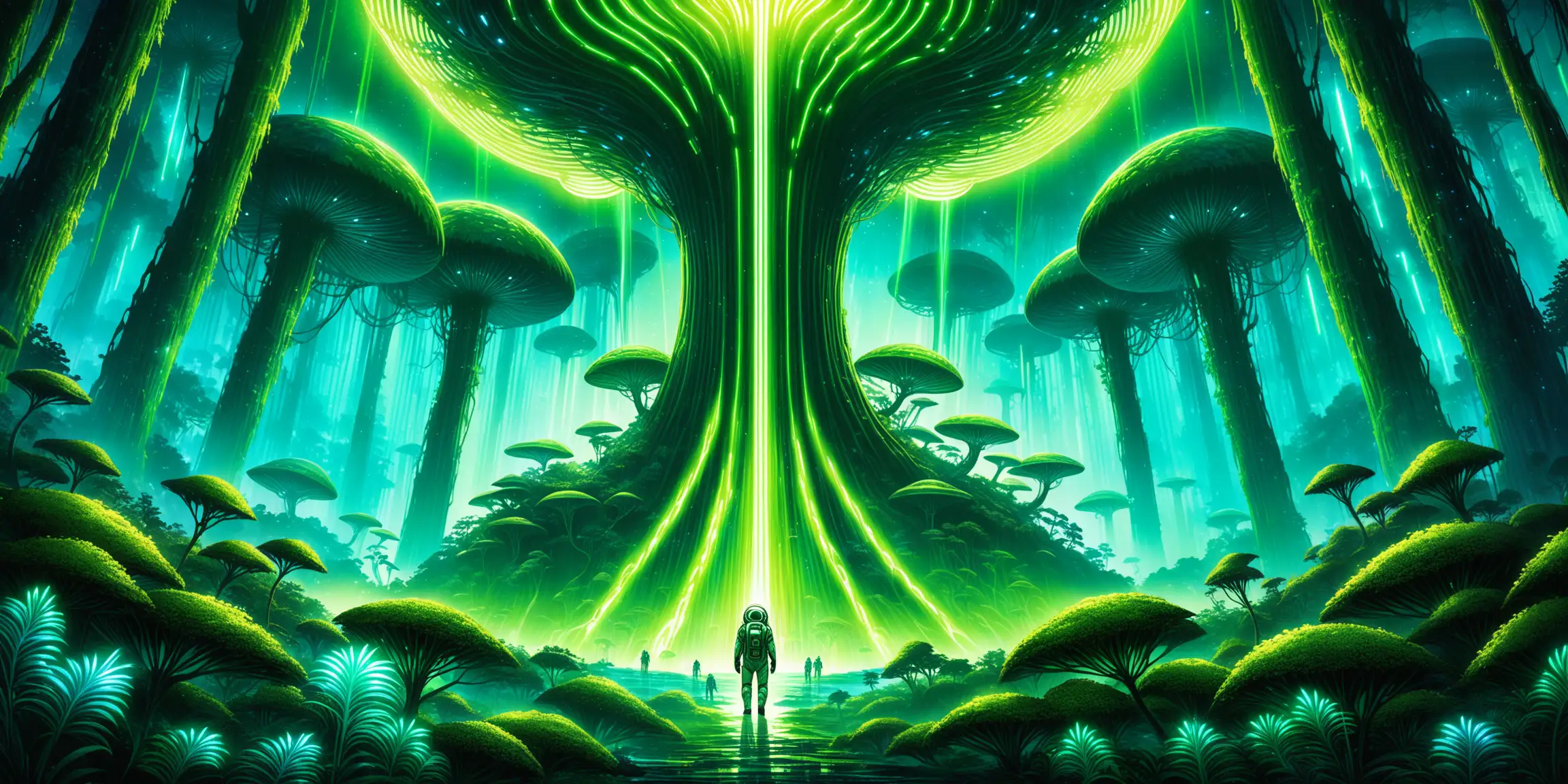 NeoFuturistic Explorers Amidst Bioluminescent Alien Forest