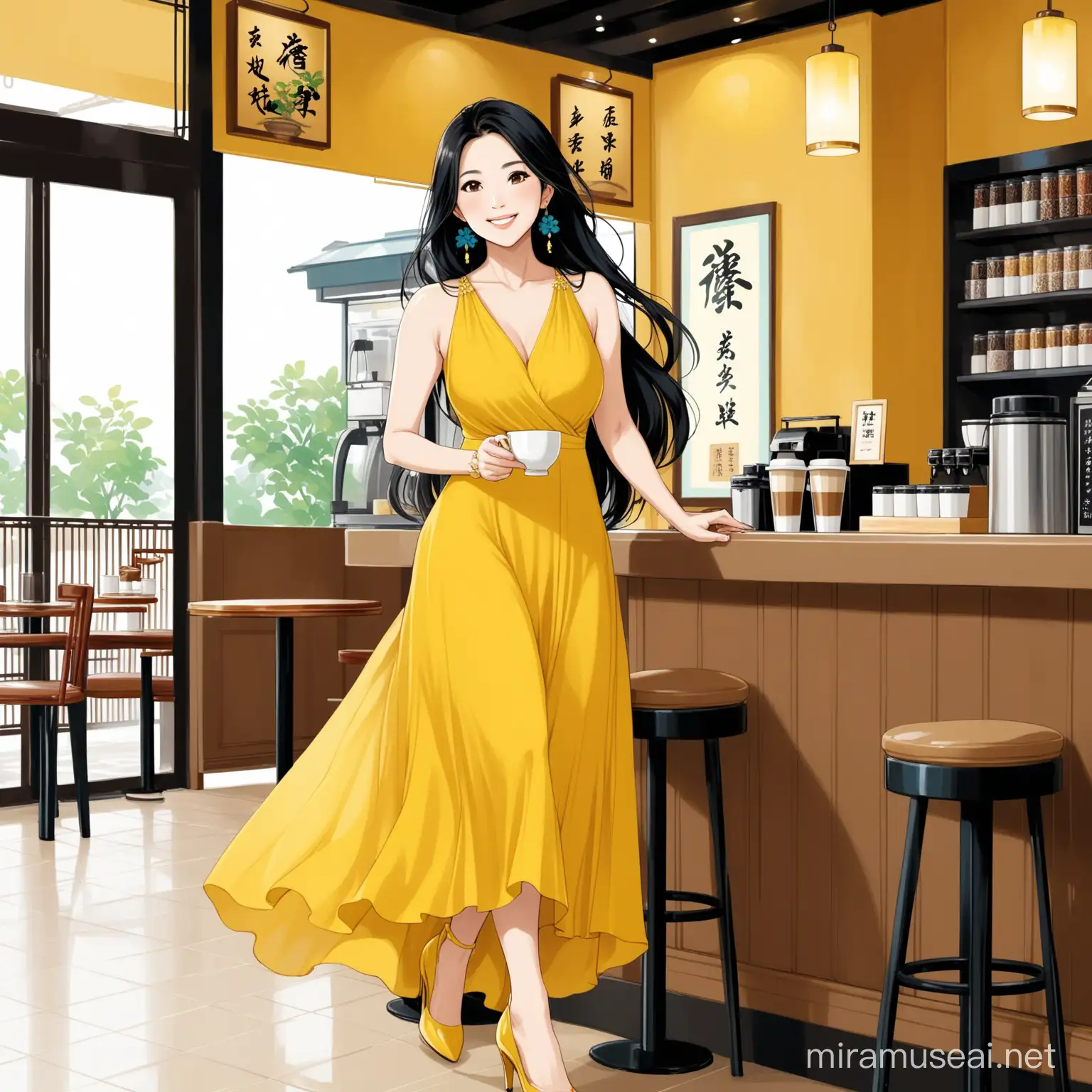 Smiling Asian Woman in Yellow Dress Enjoying Coffee at a Cozy Cafe