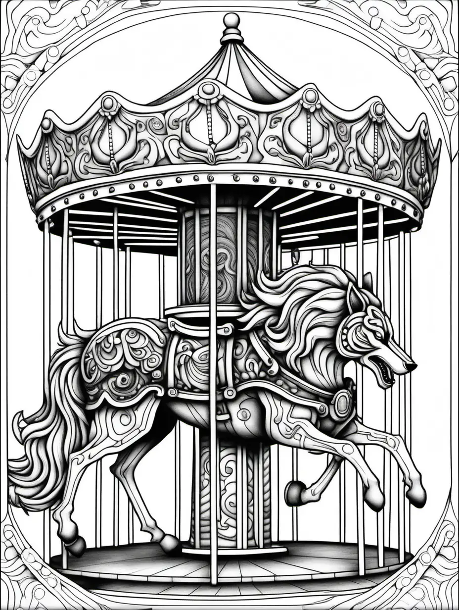Detailed Coloring Page for Adults, carousel wolf with no background Thick Lines and No Shade, 3:4 ratio